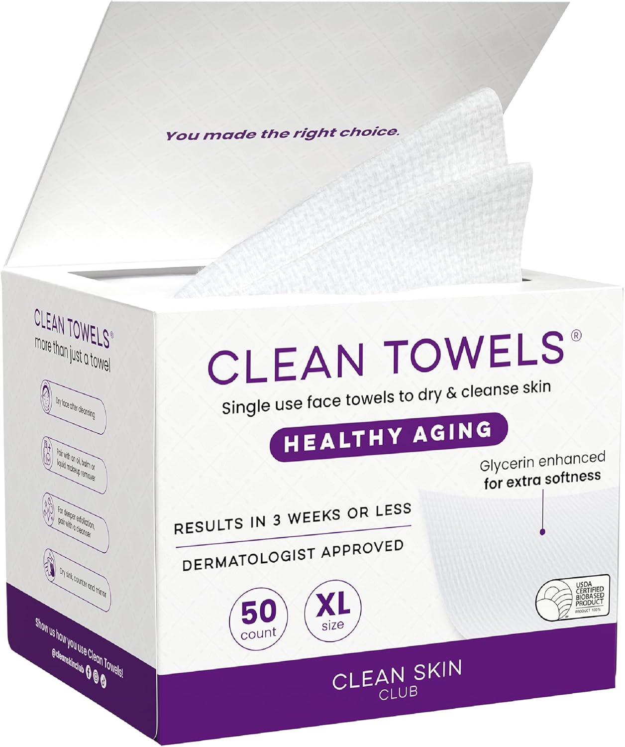 Clean Skin Club Healthy Aging Clean Towels&reg; XL, Smooths Fine Lines Wrinkles & Texture in 6 Weeks, Treated for Extra Softness, Disposable Face Towels, anti Aging Makeup Remover Dry Wipe, 50 Count image number 6