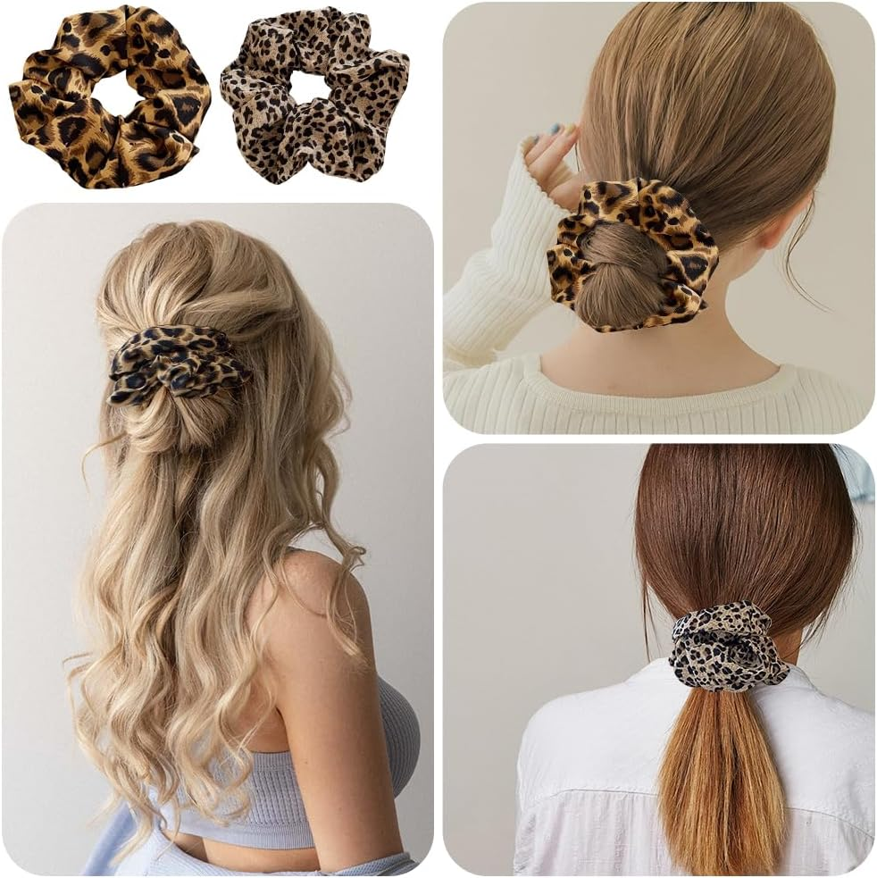 Pack of 4 Women'S Leopard Print Scrunchies Hair Scrunchies Extra Large Hair Bobbles for Thick Hair, Dark Light Leopard Print, Soft Loops for Everyday, Office, Party image number 3