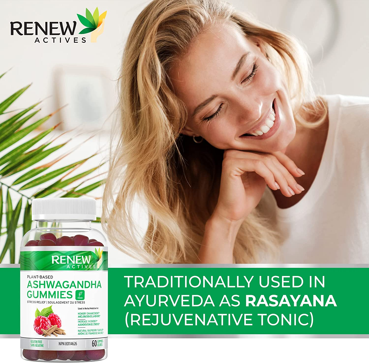 RENEW ACTIVES Ashwagandha 100MG per 4 Gummies &ndash; Memory, Focus & Energy Boost &ndash; Traditionally Used as a Rejuvenative Tonic &ndash; Vegan, Herbal Adaptogen &ndash; Made in Canada &ndash; 60 Gummies