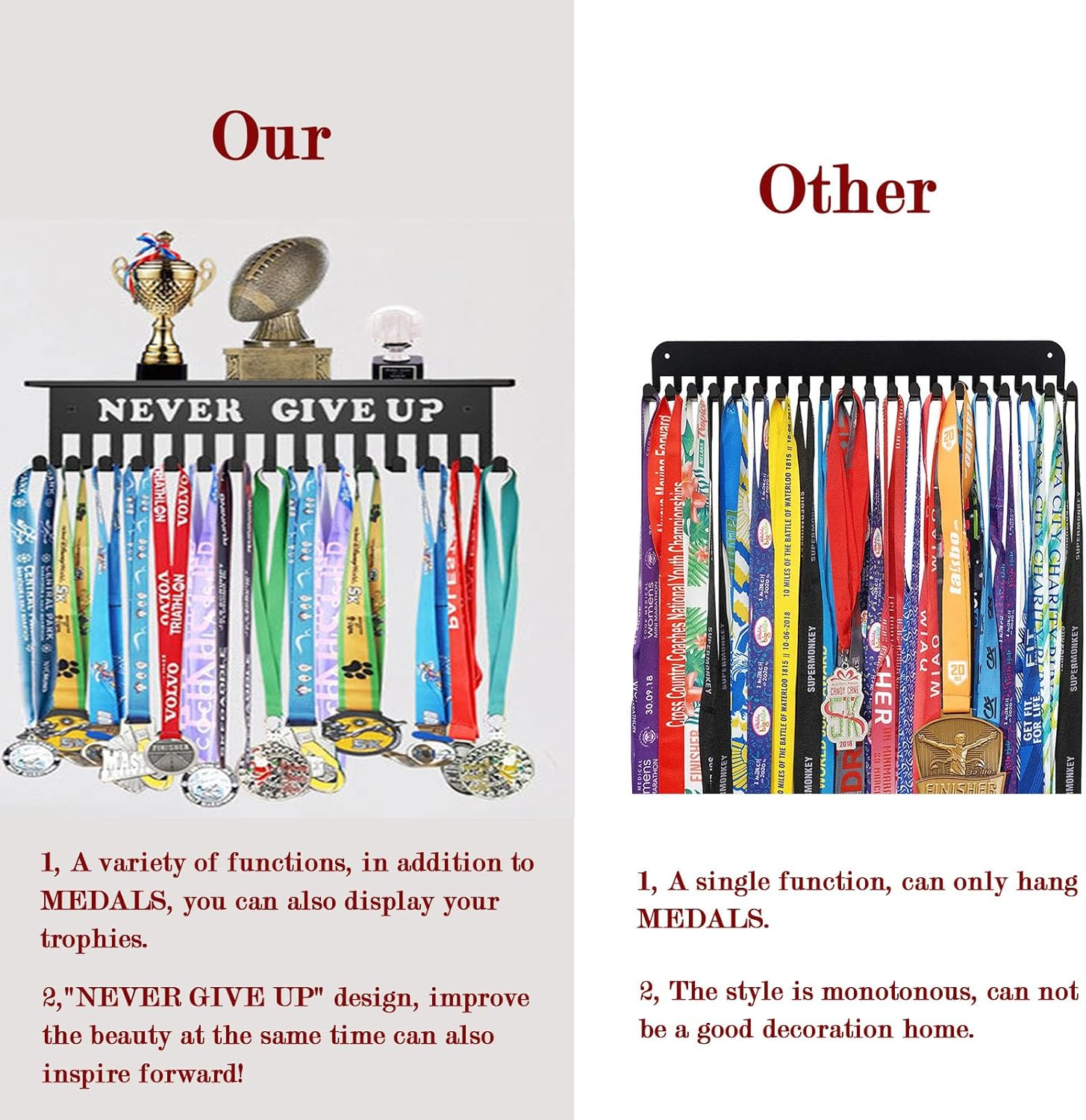 Medal Hanger Display,Trophy Shelf with 15 Hooks,Medal Holder Never Give Up,Upgraded Medal Display for Gymanstics,Race,Soccer,Swim image number 3