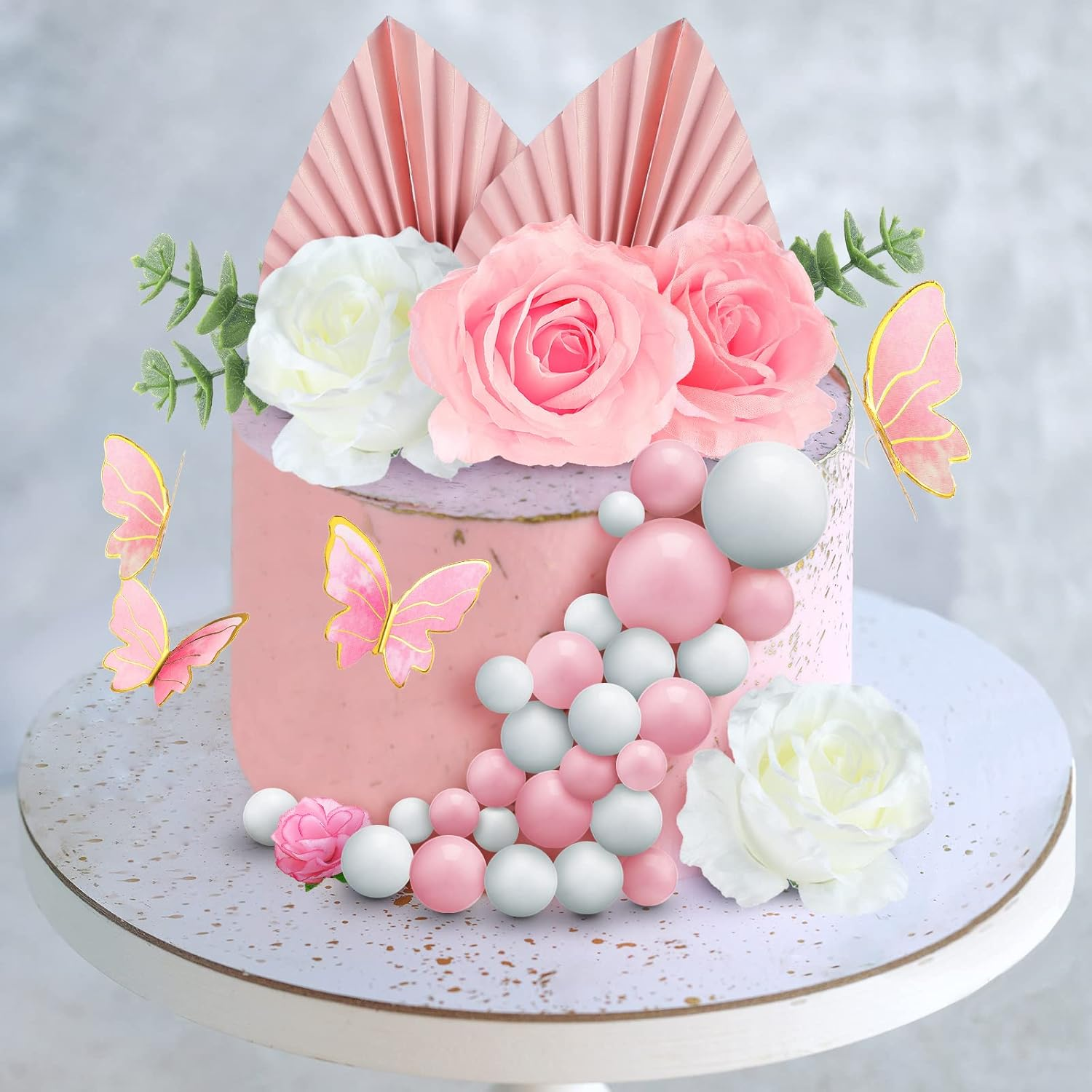 Shimeyao 52 Pcs Flower Toppers for Cake Boho Cake Topper Flower Butterfly Decorations Palm Leaves Balls Cupcake Toppers for Birthday Wedding Baby Shower Party Decoration (Pink, White) - Green, White, Gold image number 5