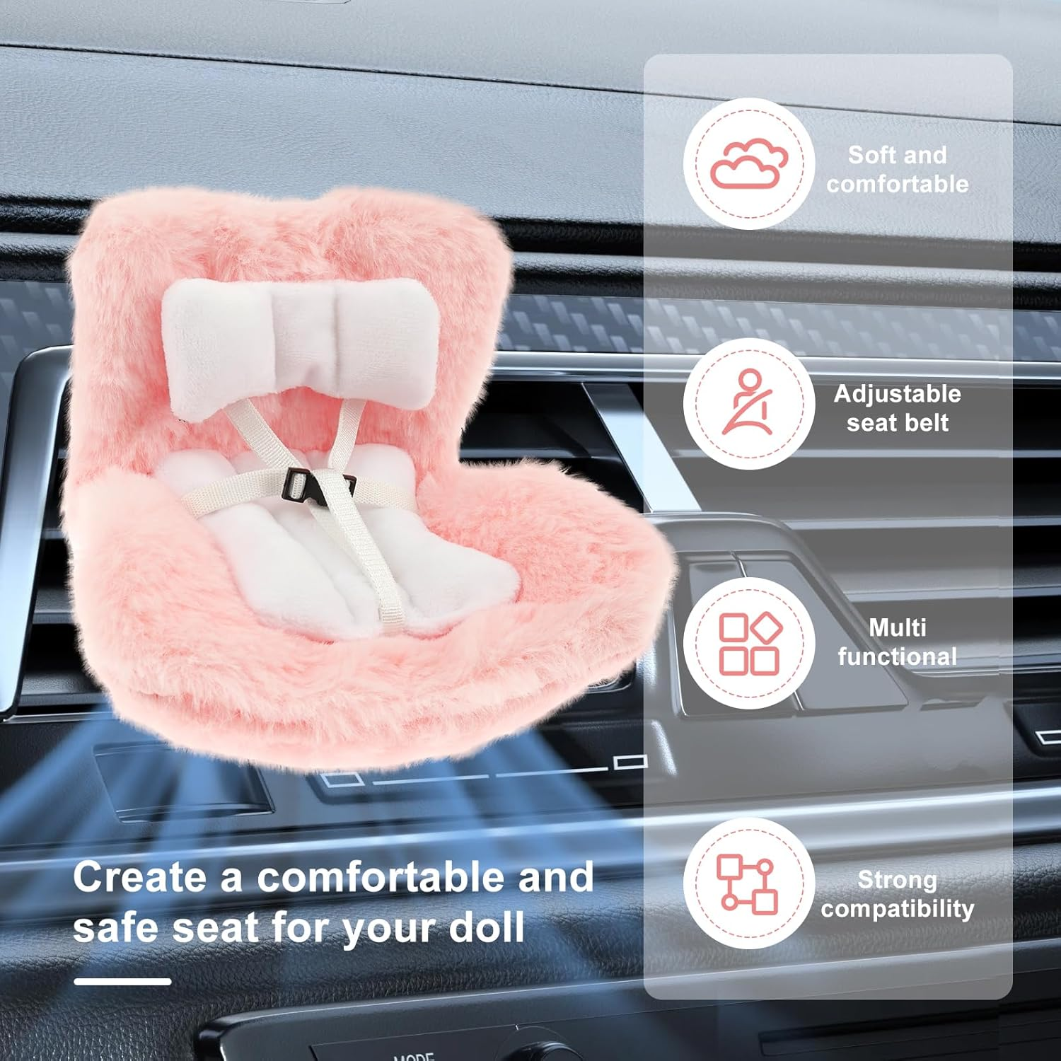 Car Seat for Dolls Car Seat Decor with Soft Furry Cushion Car Ornament for Decorative Car Sofa Seat Cute Air Vent Decor to Display Doll Toy (Pink)