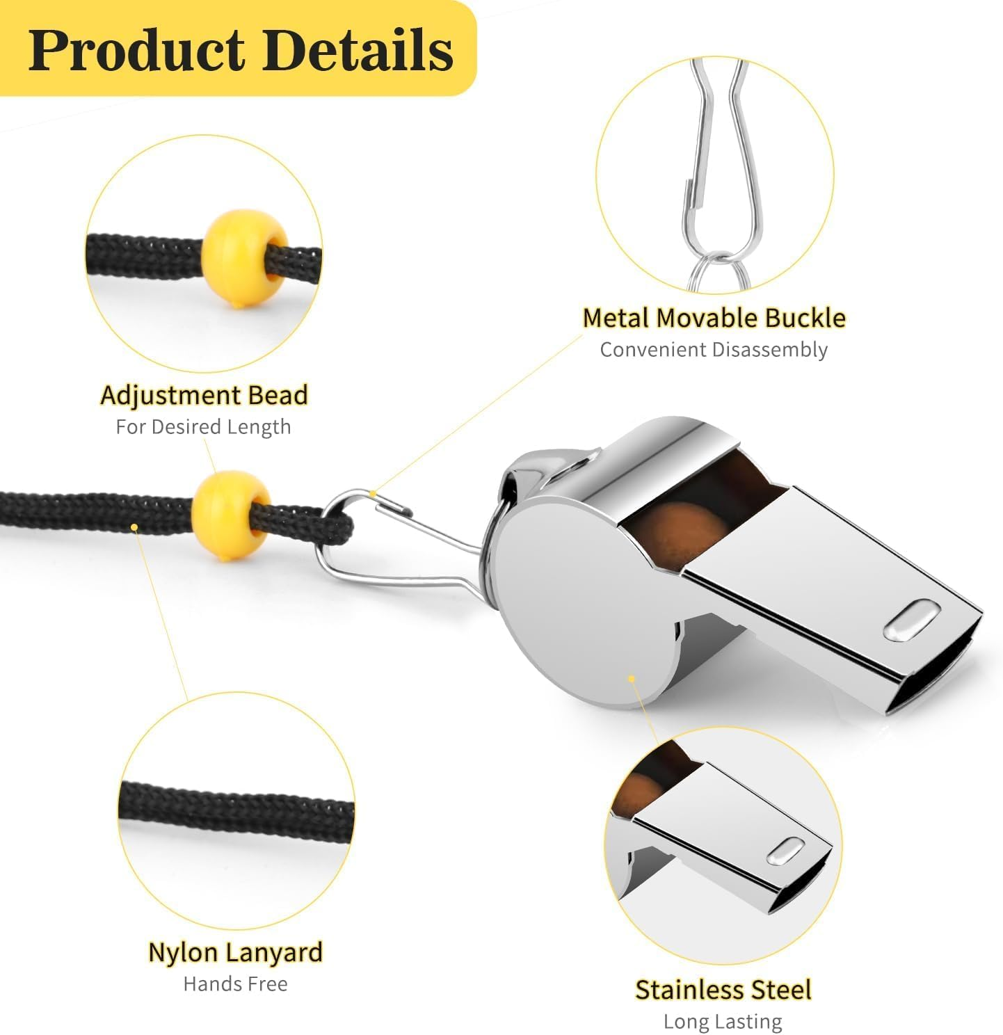 Whistle, 4Pack Stainless Steel Sports Whistles with Lanyard &ndash; Loud Crisp Sound for Coaches, Referees, Officials, Soccer, Football, Lifeguards image number 2