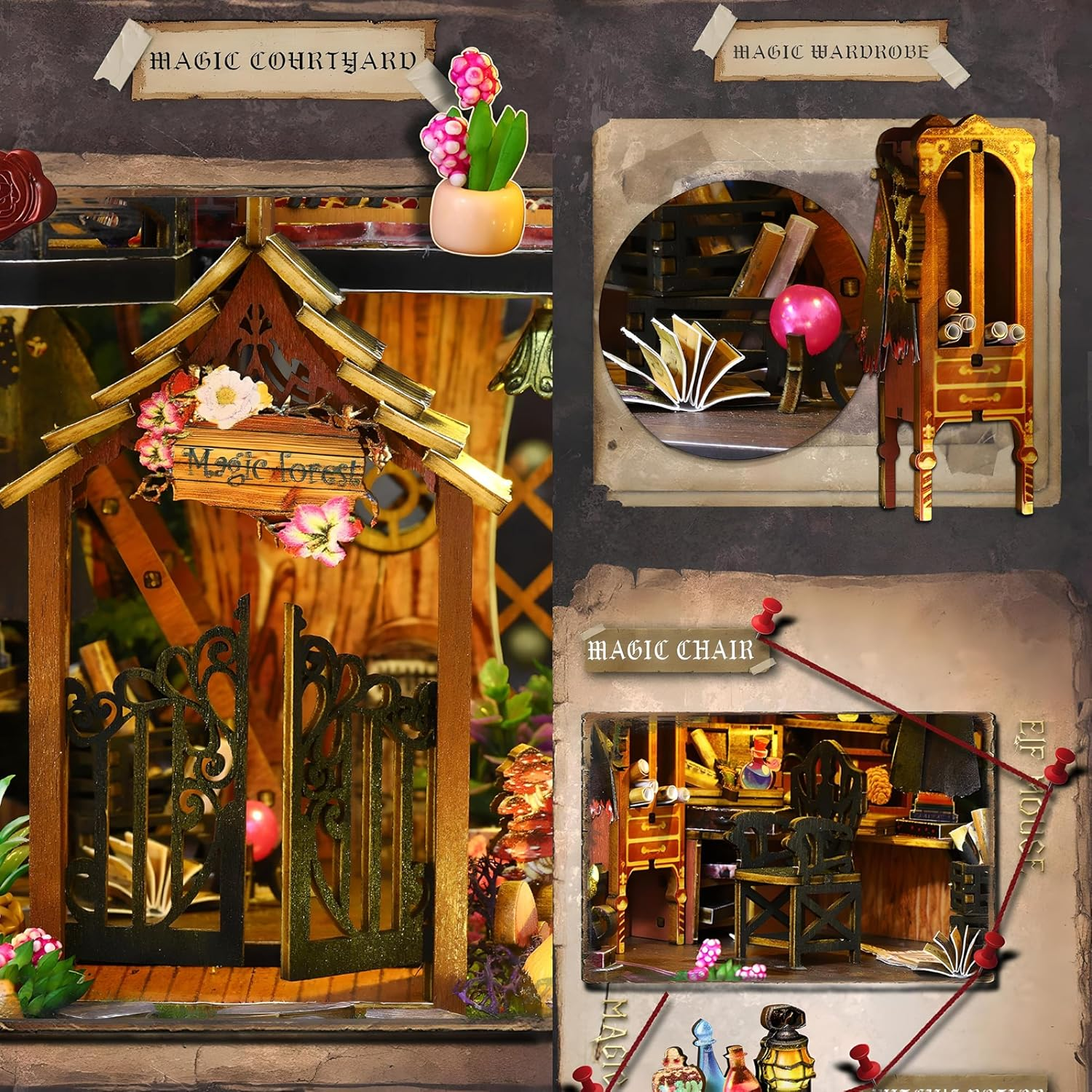 Magic Forest Book Nook Kit &ndash; DIY Enchanted 3D Woodland Miniature House with LED Lights, Wooden Bookshelf Insert Diorama Puzzle Model for Adults Craft, Fairy Garden Decorative Display image number 5