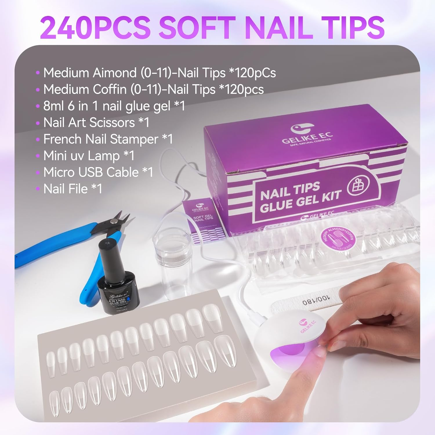 Gelike EC Soft Nail Tips and Glue Kit Uprage Version with Nail Glue, 240 Pieces Medium Almond and Medium Ballet Nail Tips, Nail Clippers, Nail File image number 1