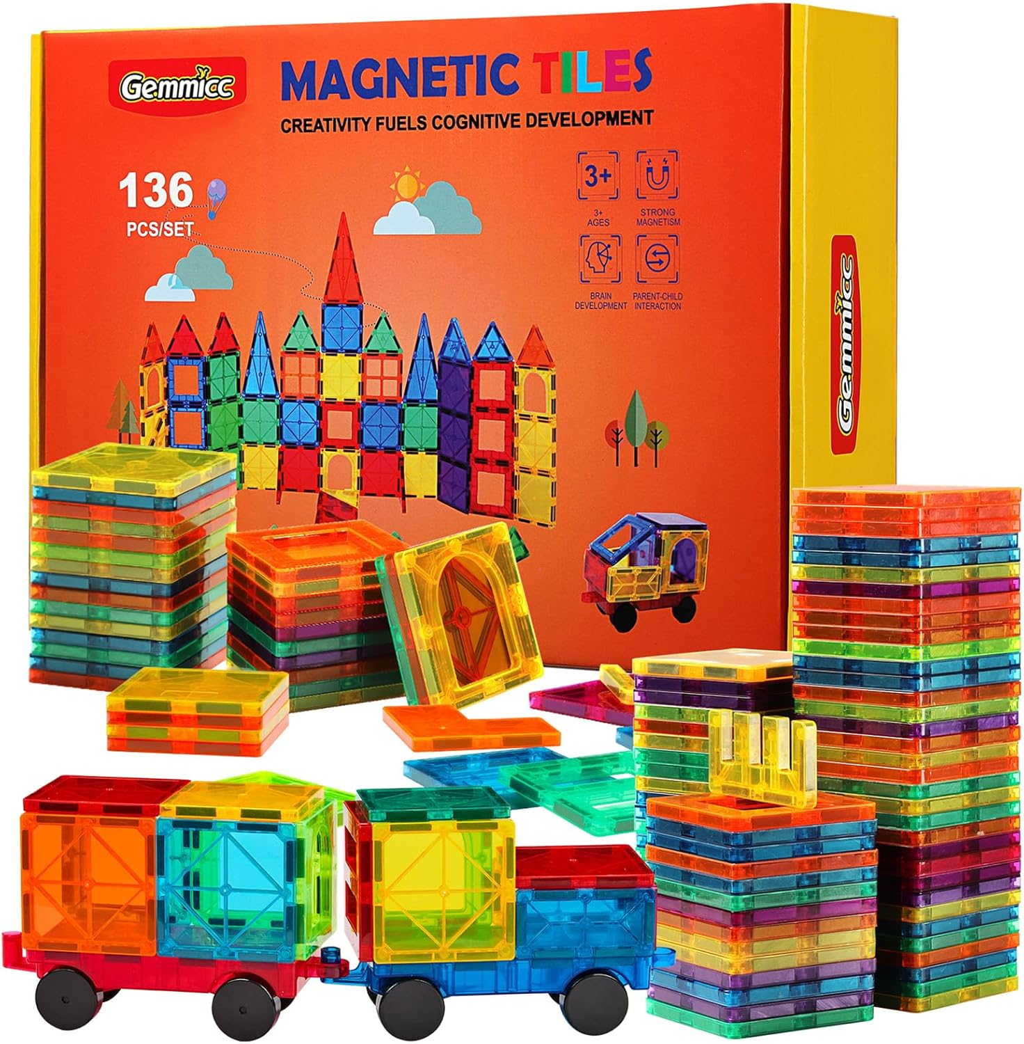 Gemmicc Magnetic Tiles, Deluxe 136 PCS Building Blocks Magnet Toys for Kids,3D Magnet Puzzles Stacking Blocks for Boys Girls,Huge Set with 2 Cars image number 6