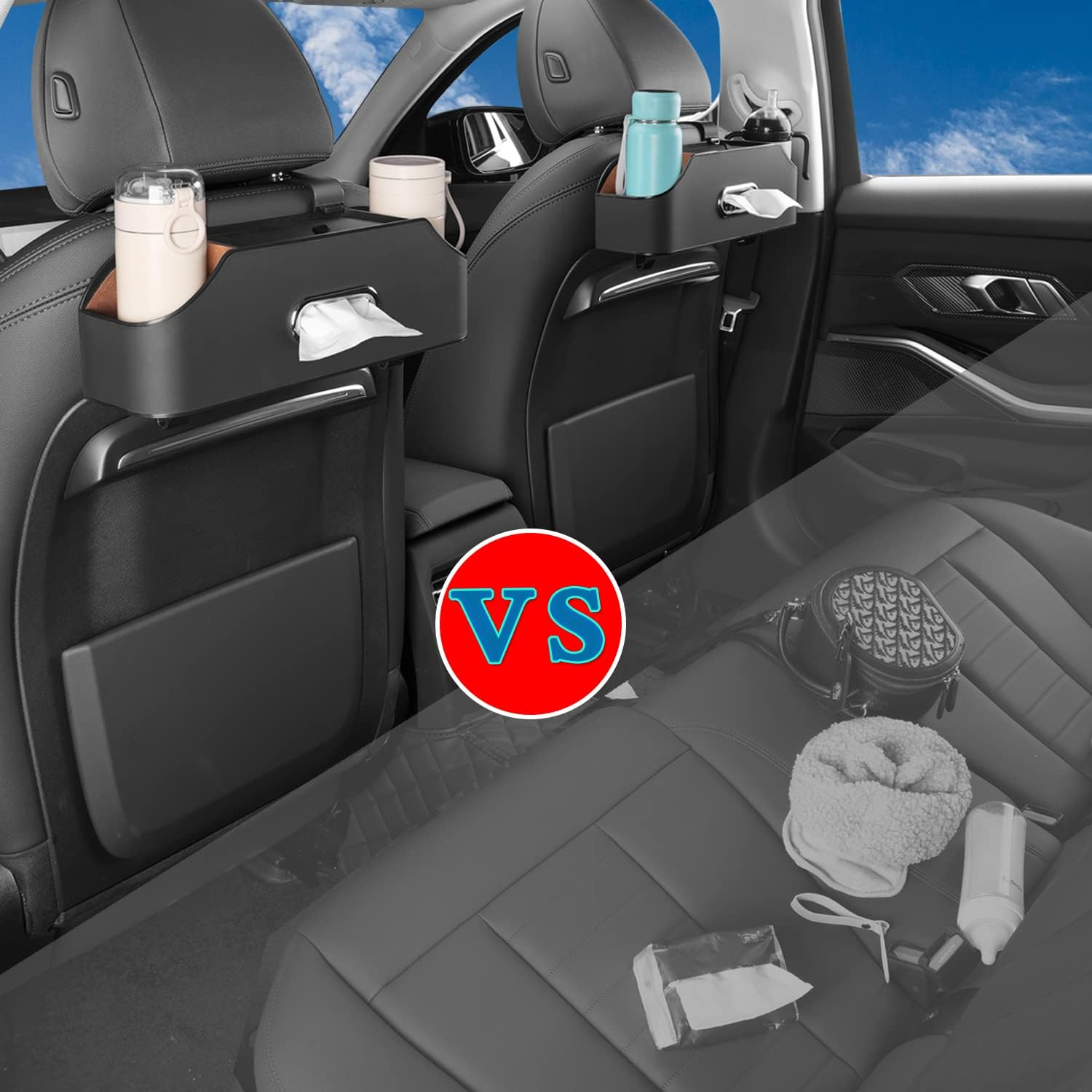 HOLDCY Car Back Seat Organizer with 2 Drink Cup Holder - Tissue Box and Storage Box Hook - Multi-Functional Storage - Great for Kids and Travel (Black) - Blue image number 4