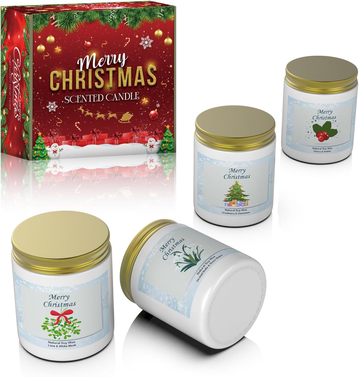 Christmas Candle Gift Set - 4 Pack Soy Wax Candles | Cherry Amber, Cranberry Cinnamon, Lime Musk + Snow Orchid | Home Aromatherapy Holiday Gifts (Christmas Scented Candles Set)