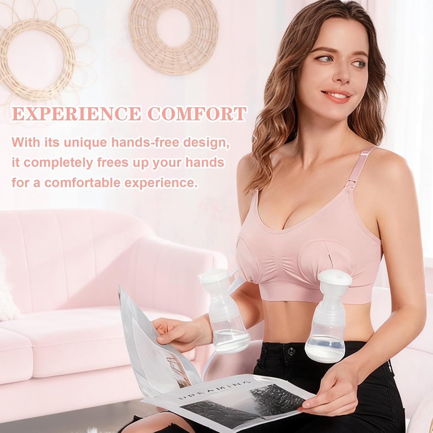 Nursing Bra for Breastfeeding, Adjustable Wireless Maternity Bra with Extra Extenders, Hands Free Pumping Bra Spectra for Breast Pumps（Pink） image number 2