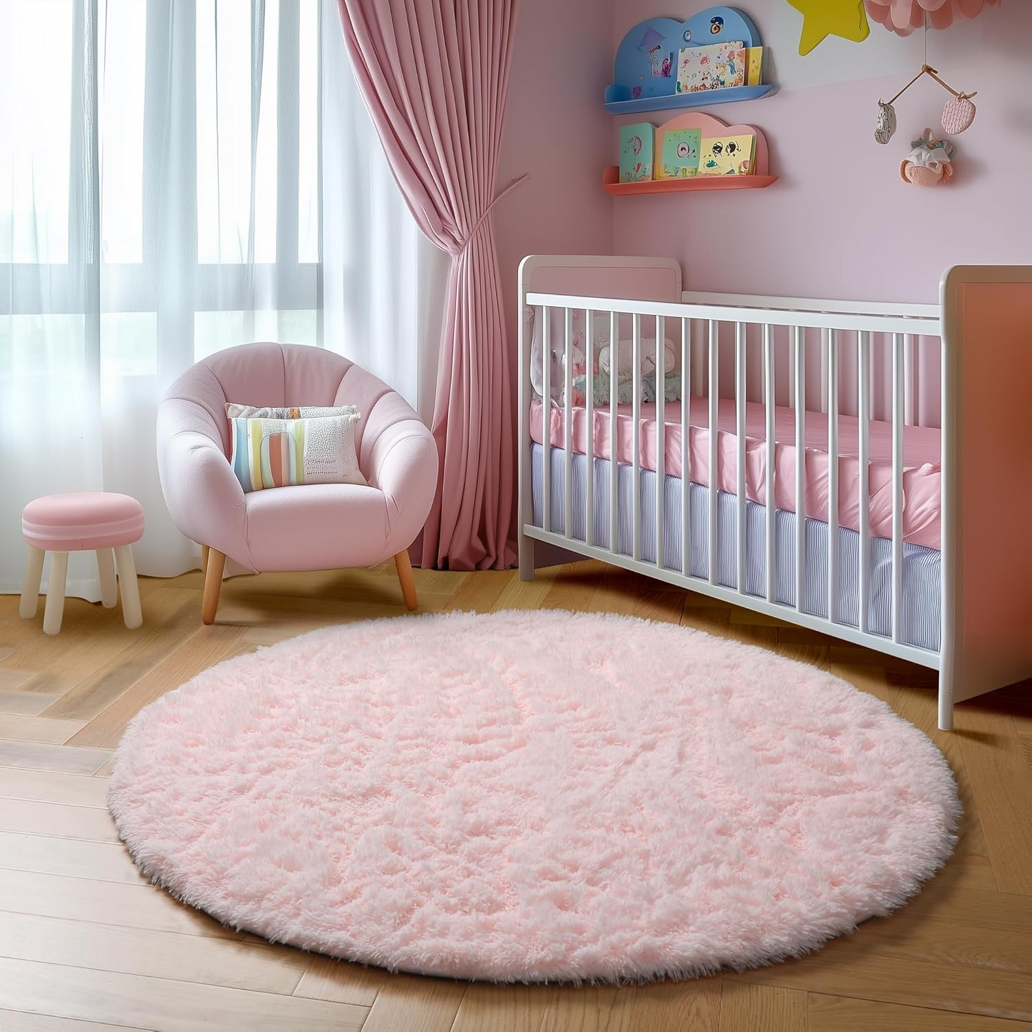 Pink round Rug for Girls Bedroom,Fluffy Circle Rug 4'X4' for Kids Room,Furry Carpet for Teen Girls Room,Shaggy Circular Rug for Nursery Room,Fuzzy Plush Rug for Dorm,Cute Room Decor for Baby image number 3