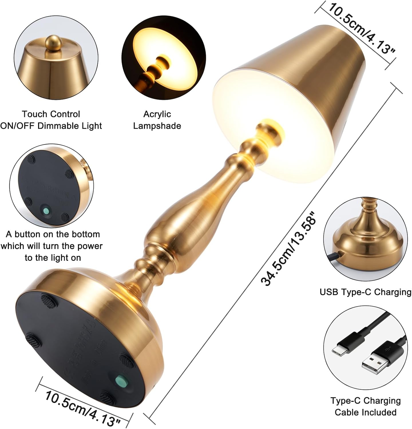 Rechargeable Cordless Table Lamp for Restaurant Dinner Table, 5000Mah Battery Operated Lights, Small Portable 3 Color Stepless Dimming Touch Lamp for Bedroom Kitchen Dining Room Outdoor Patio, Brass image number 3