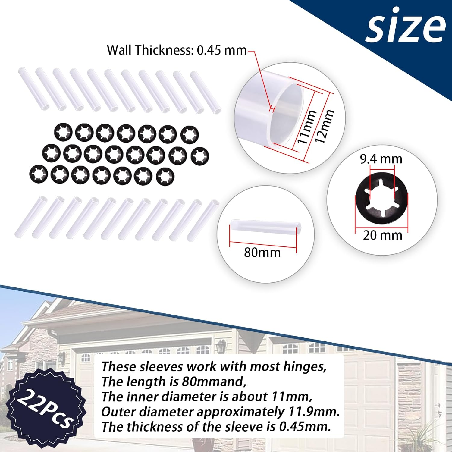 22Pcs Garage Door Quiet Hinge Sleeves Shaft Gaskets Compatible with New Rollers or Rollers with Clean Stems (Id-11Mm; Od-11.90Mm; L-80Mm) image number 6