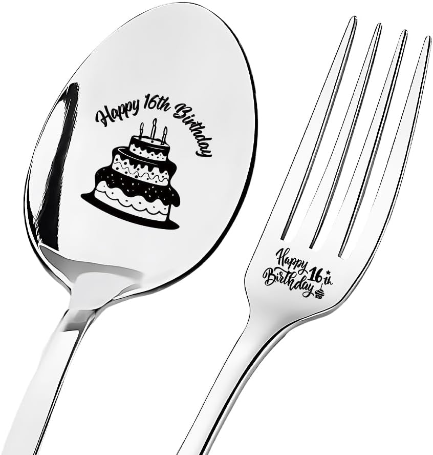 16Th Birthday Gifts for Daughter Son 16 Birthday Tableware for Granddaughter Grandson Sixteen Birthday Gifts for Nephew Niece 16 Year Old Birthday Presents for Girls Boys 16 Bday Gift Fork Spoon 2 Pcs image number 2