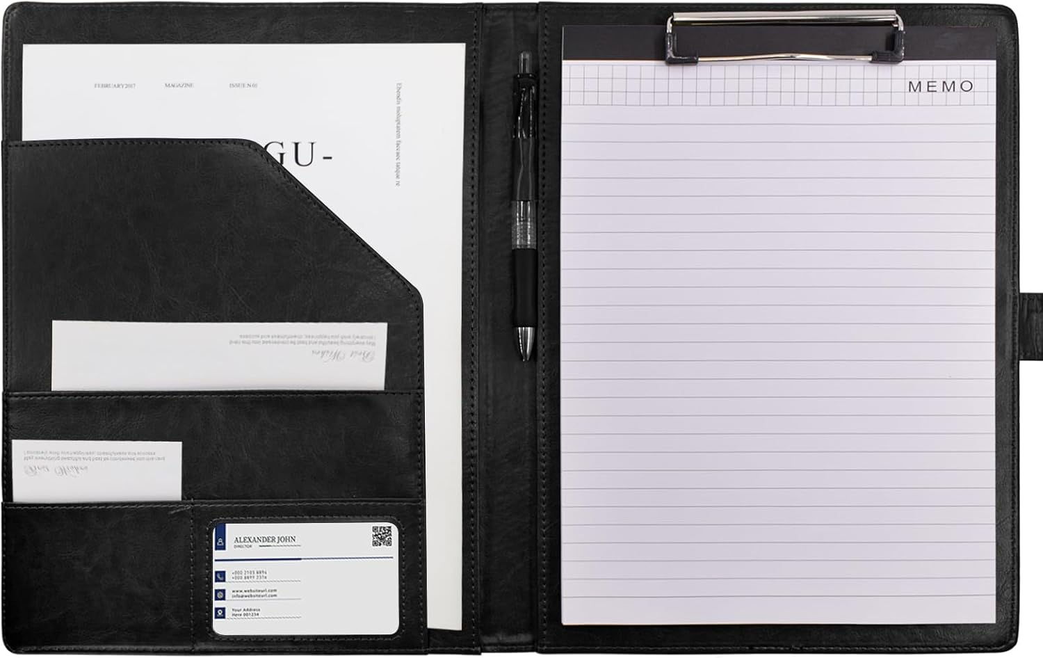 VANRA Padfolio Clipboard Folder Leather Portfolio Binder Organizer Interview Resume Folder for Papers Legal Document A4 Letter Size Writing Pad Notepad Clip Boards with Business Card Holder (Black)