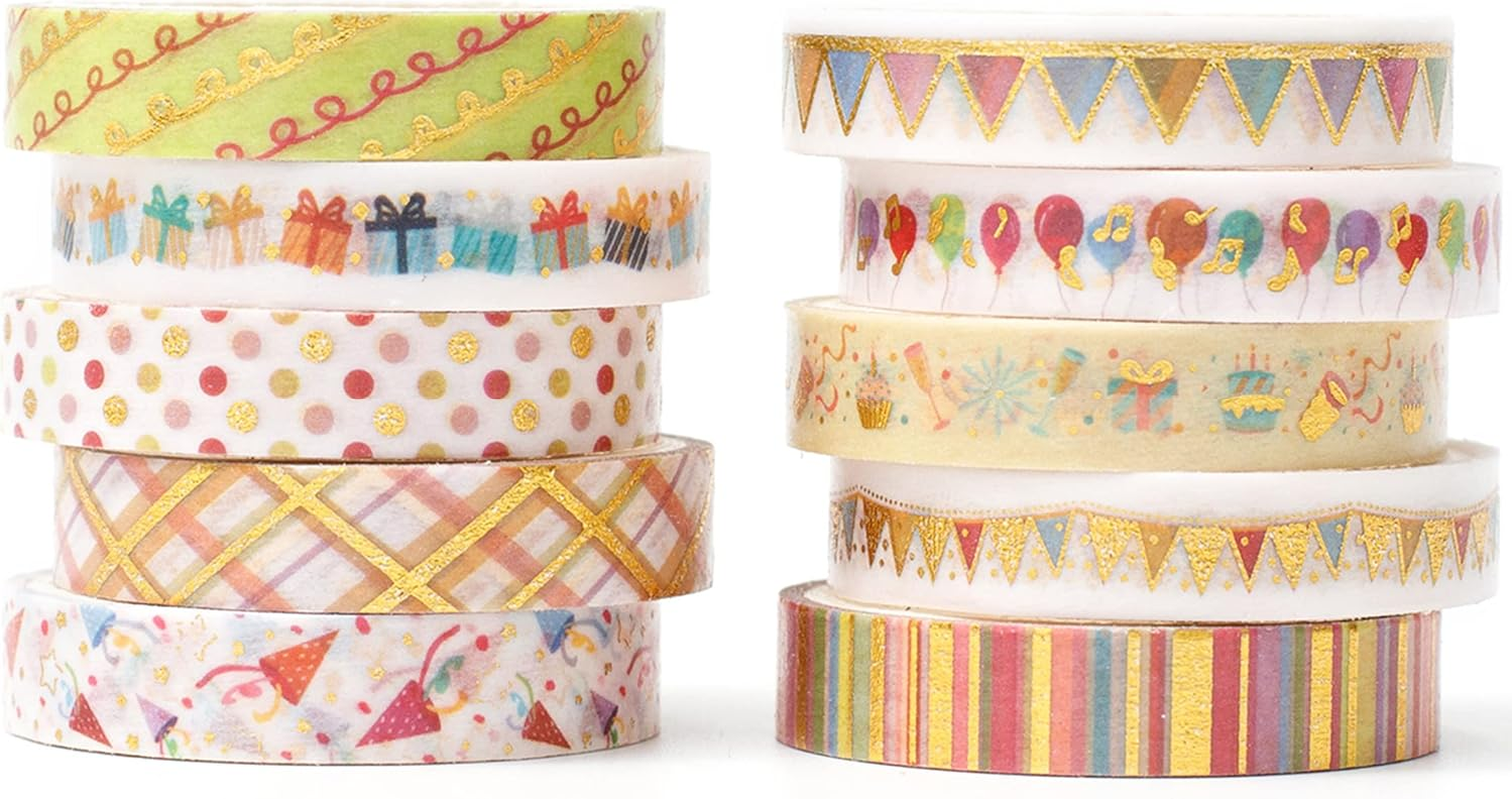 YUBBAEX 10 Rolls Sparkling Washi Tape Set 8Mm Skinny Gold Foil Decorative Masking Washi Tapes for Bullet Journal,Scrapbook, Planner, DIY Crafts (Party Elements)