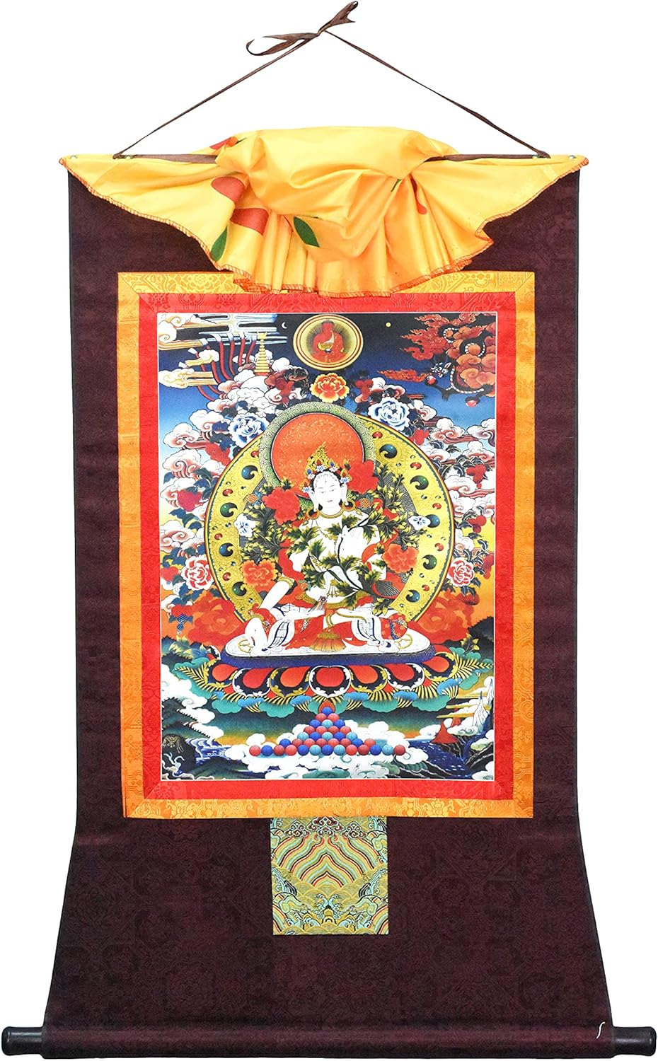 Mudra Crafts Extra Large White Tara Tibetan Thangka Buddha Wall Art - Handmade XXL White Tara Thangka Buddhist Tibetan Painting Yoga Zen Mediation Altar Wall Hanging D&eacute;cor