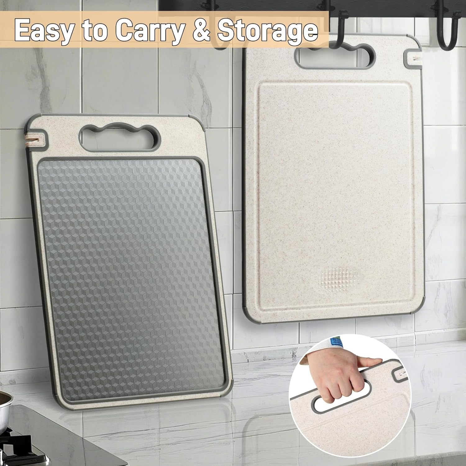 CHDEXU Double Sided Cutting Board for Kitchen, 304 Stainless Steel and Wheat Straw Chopping Board for Meat Vegetables Fruit, Cutting Boards with Handle and Non Slip Design image number 6