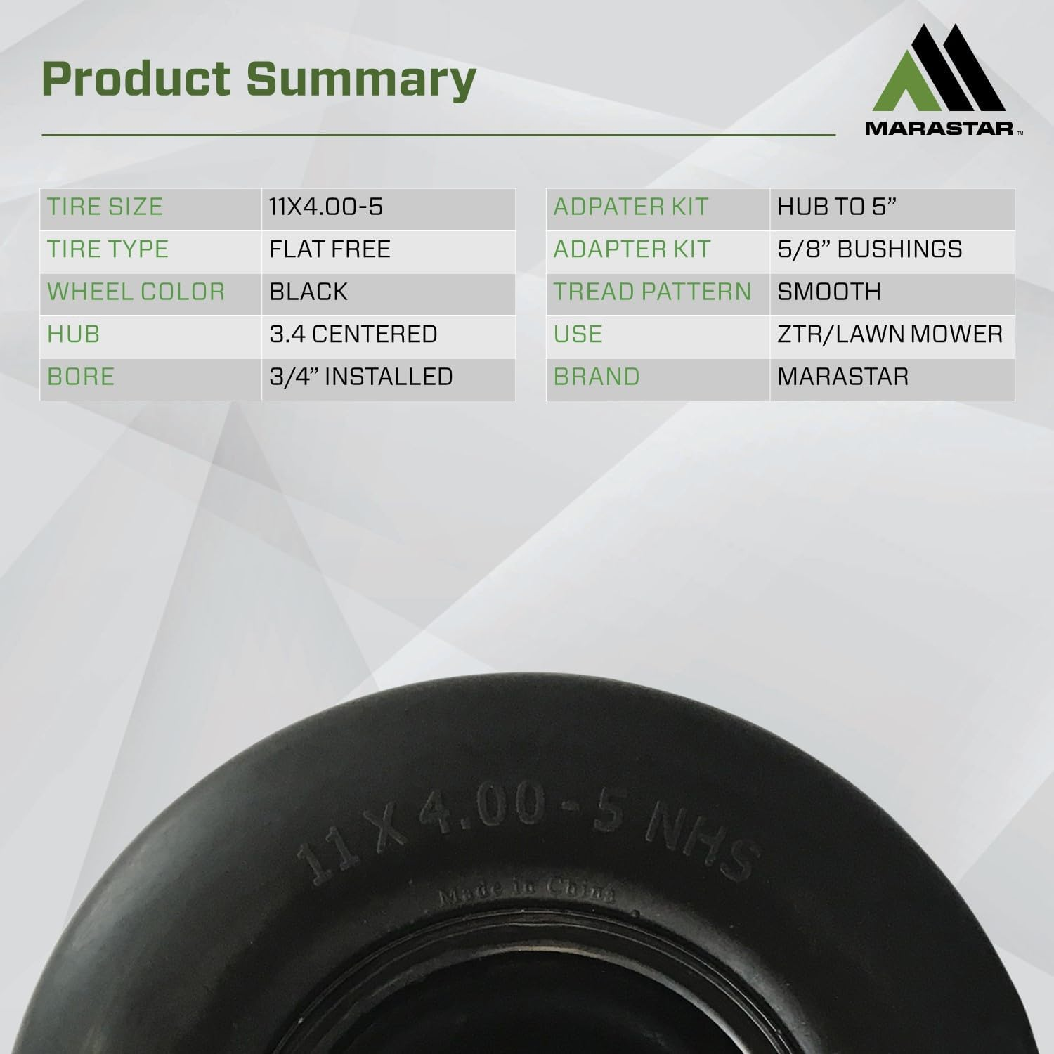 MARASTAR 00232 Universal Fit Flat Free 11 X4.00-5 Lawnmower Tire Assembly, 3.4" Centered Hub, 3/4" Bushing image number 6