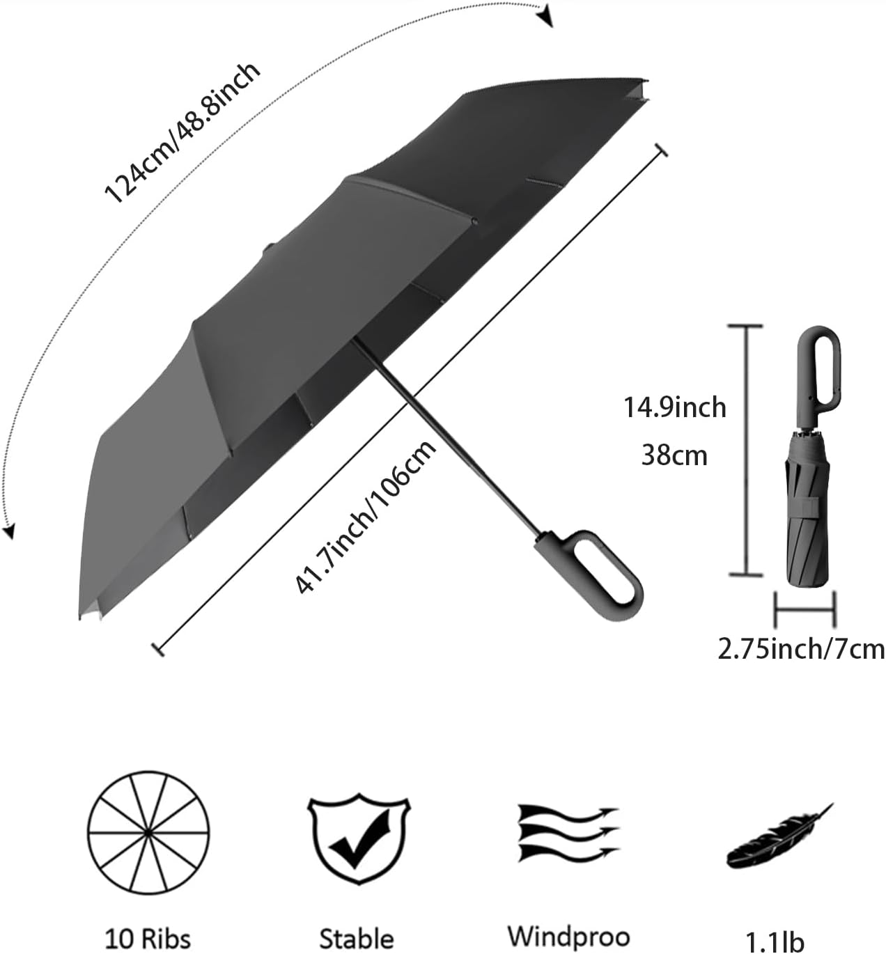 Travel Folding Golf Umbrella 10 Ribs Automatic Open/Close,Lightweight Compact Portable Backpack Car Parasol Outdoor,Sun/Rain,Anti 99 UV Protection UPF 50,Men Women Carabiner Handle Design image number 2