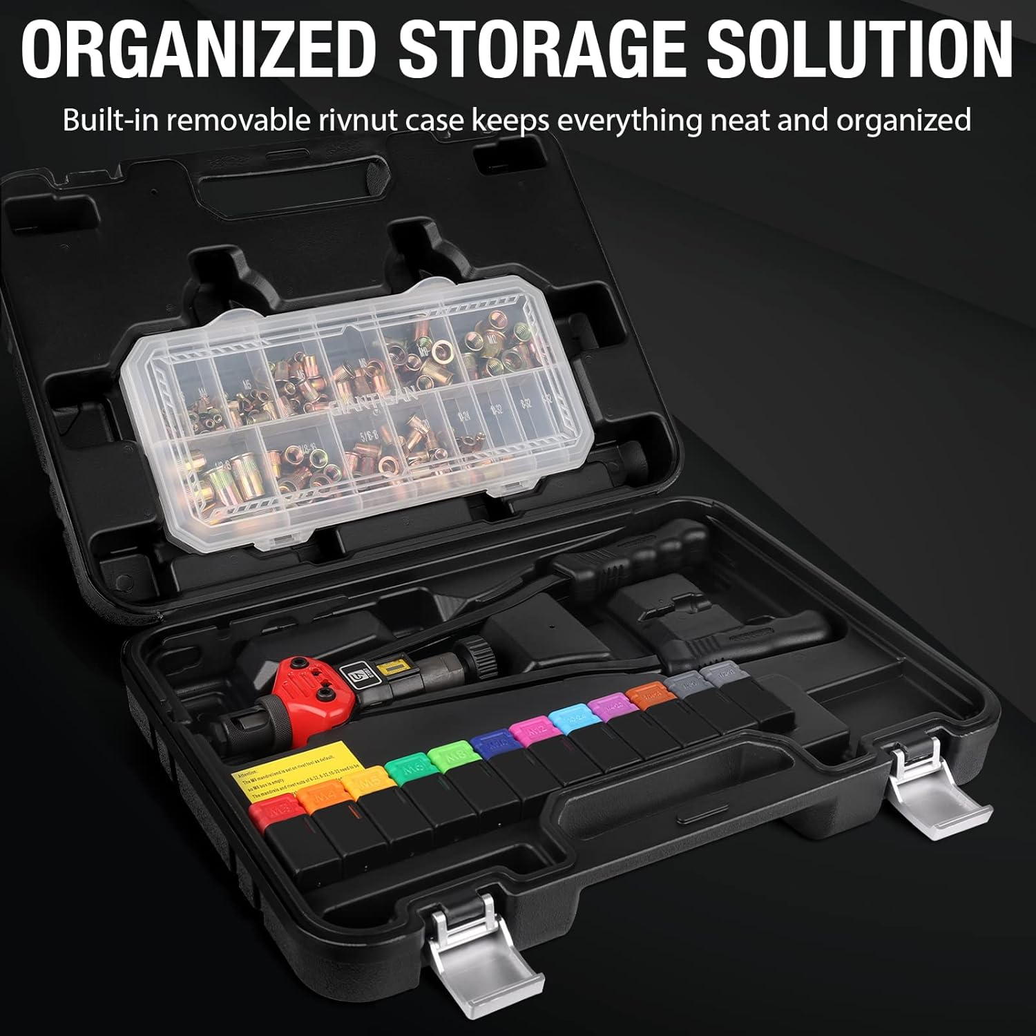 Giantisan 17" Rivet Nut Tool, Professional Rivet Nut Tool Setter Kit Including 11 Metric and SAE Mandrels, 110Pcs Assorted Rivet Nuts, Effortless Design, Rugged Carrying Case image number 6