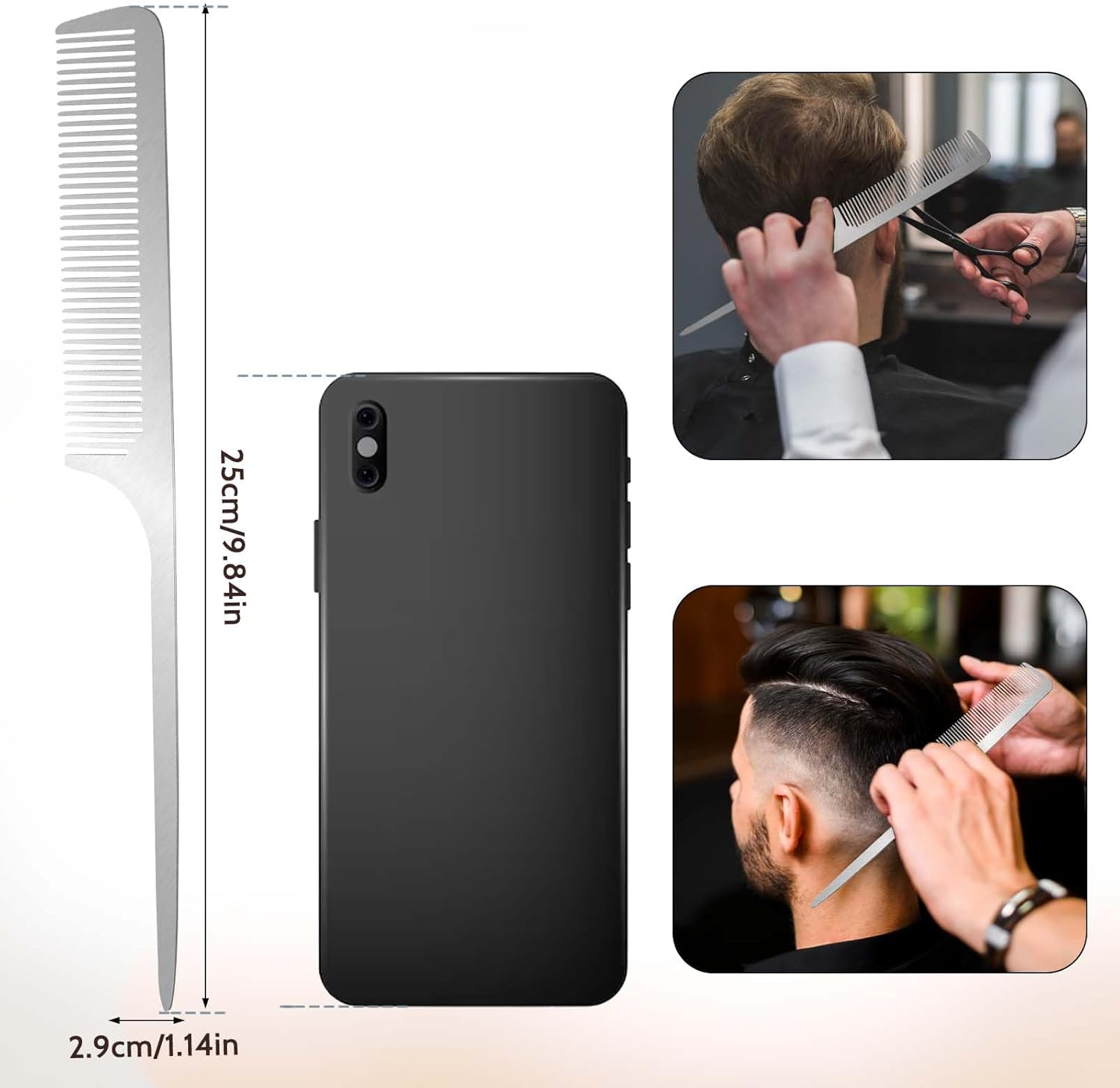 Metal Rat Tail Comb Stainless Steel Hair Combs Flat Top Fine Cutting Comb Teasing Pin Tail Barber Comb with Parting Tip, Rat Tail Comb with Metal Pick for Hair Stylist Women Men image number 2