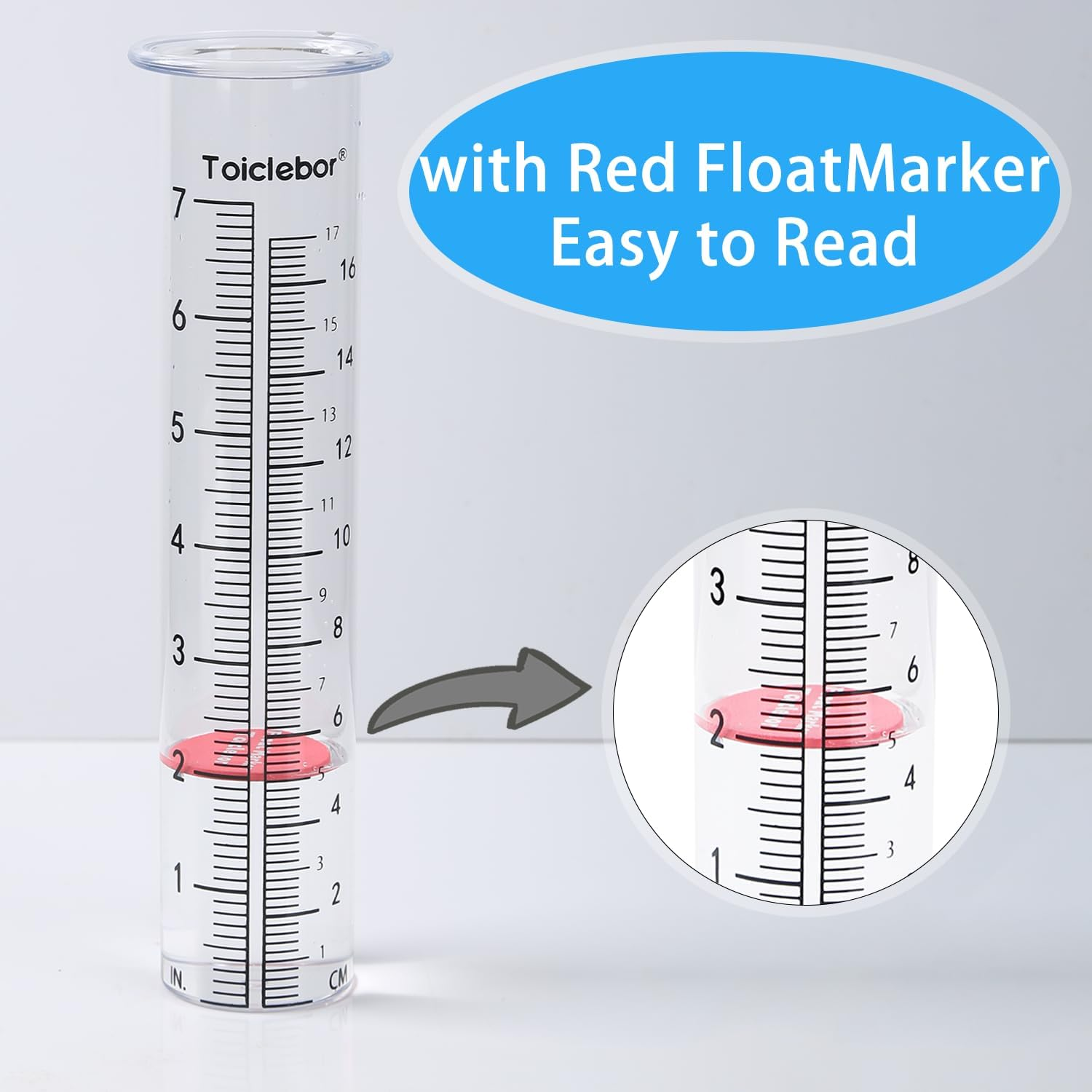7" Capacity Rain Gauge Replacement Tube Plastic,Freeze Proof Tube,Big Numbers with Red Float Marker,Clear,8.11 Inch Height,Model RM-T01 image number 4