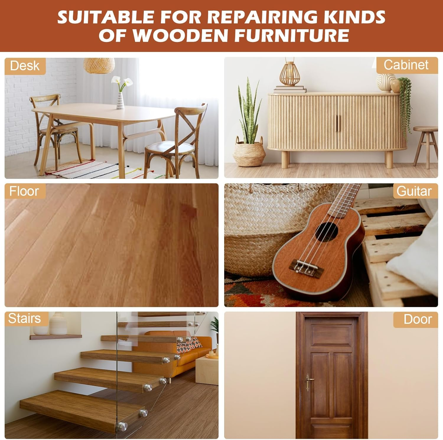 DEWEL Wood Furniture Repair Kit- 34 Sets, Wood Filler Sticks*12, Touch up Markers*12 with Wood Putty*1 for Repair and Cover Ups Scratch, Cracks, Hole, Discoloration for Door, Floor, Table image number 6