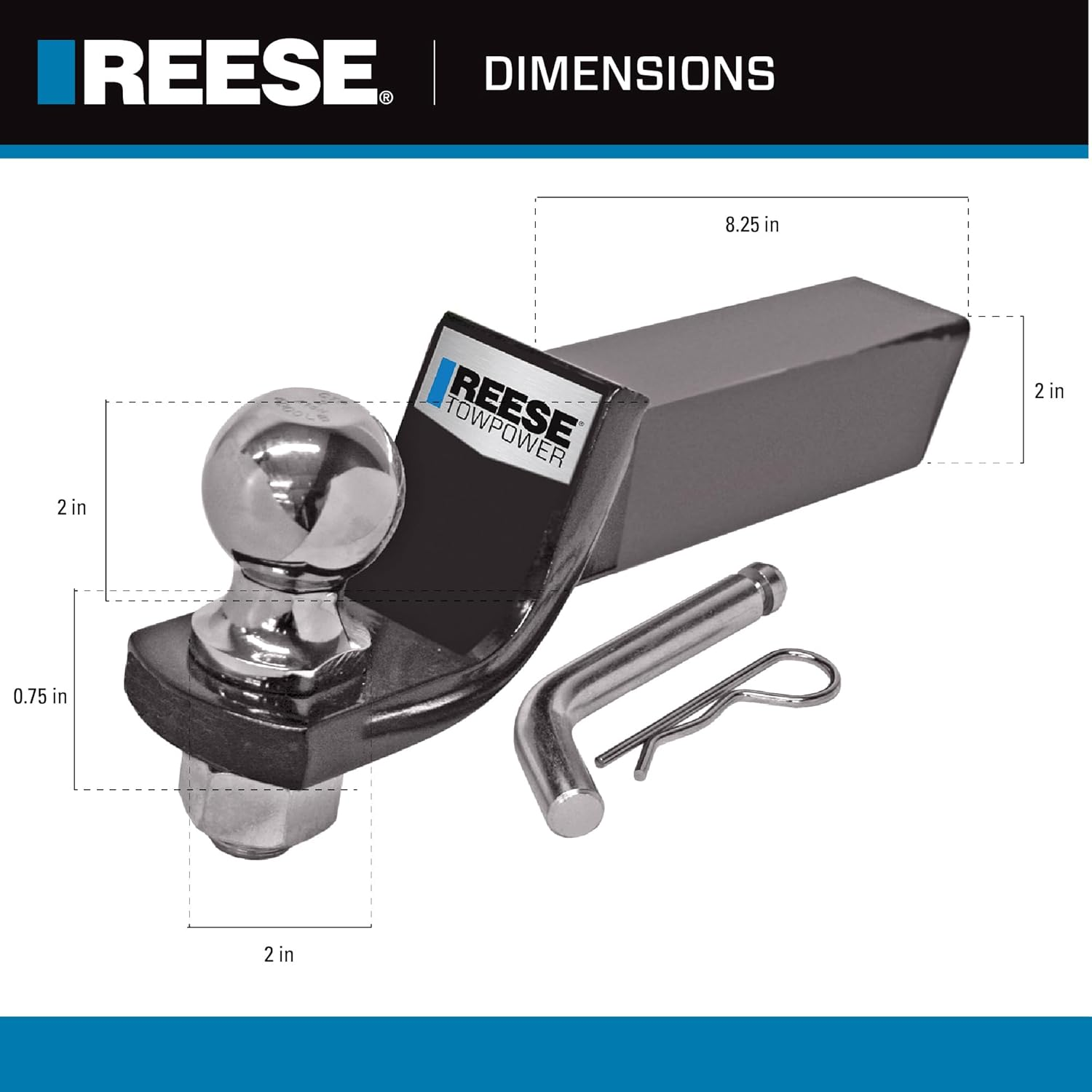 Trailer Hitch Ball Mount Starter Kit, Fits Square Receiver, 2 Inch Drop, 6,000 Lbs. Capacity, Includes Trailer Ball and Pin & Clip, Black image number 1