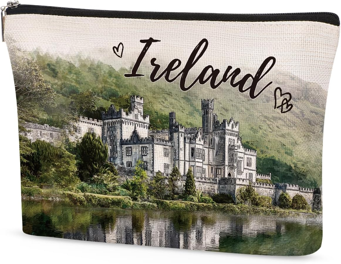 Kylemore Abbey Ireland Makeup Bag Gifts &ndash; Ireland Travel Essentials Watercolor Cosmetic Bag, Irish Gifts for Women Girls, Zipper Toiletry Pouch, Irish Souvenir Organizer Waterproof Linen