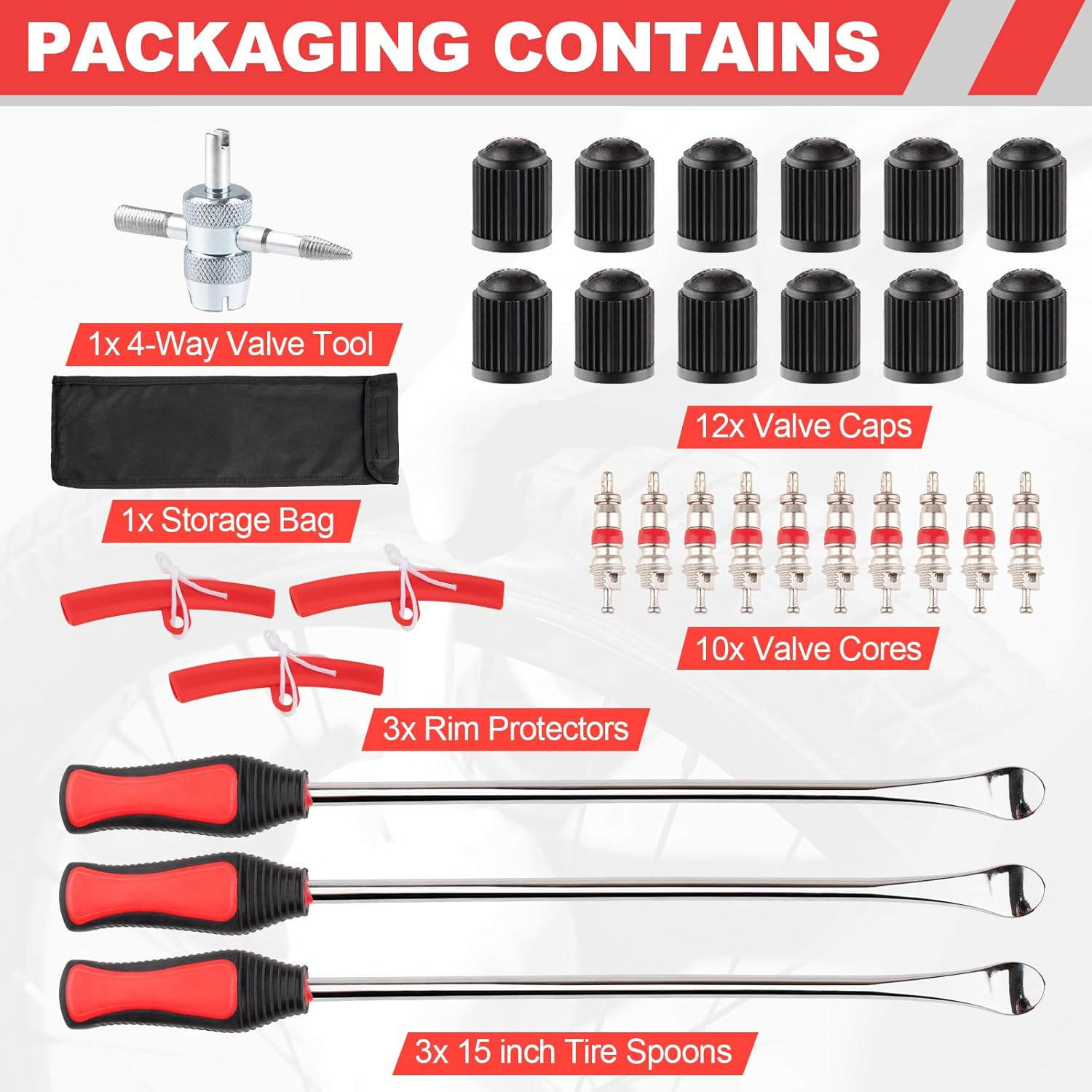 15" Tire Spoons Kit, Tire Changing Tool for Motorcycles, Dirt Bikes, Lawn Mowers and More, 29PCS Tire Removal Tool Set, with Tire Spoon, Rim Protector, Valve Tool, Valve Cover and Valve Core image number 1
