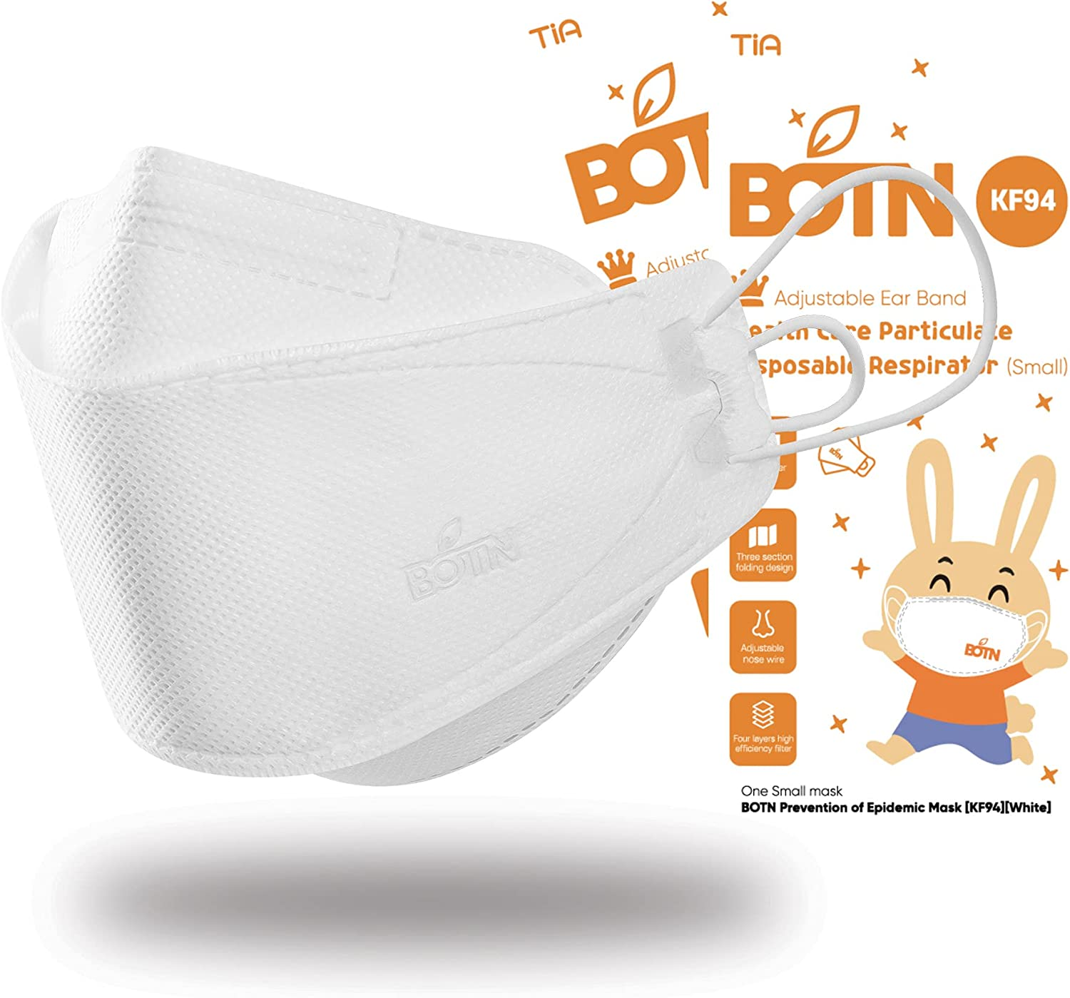 BOTN Child Fit 10Pcs KF94 Protective and Safety Face Mask, 4-Layer Filter and 3D Design, Adjustable Strap and Made in Korea (White, Small) image number 1