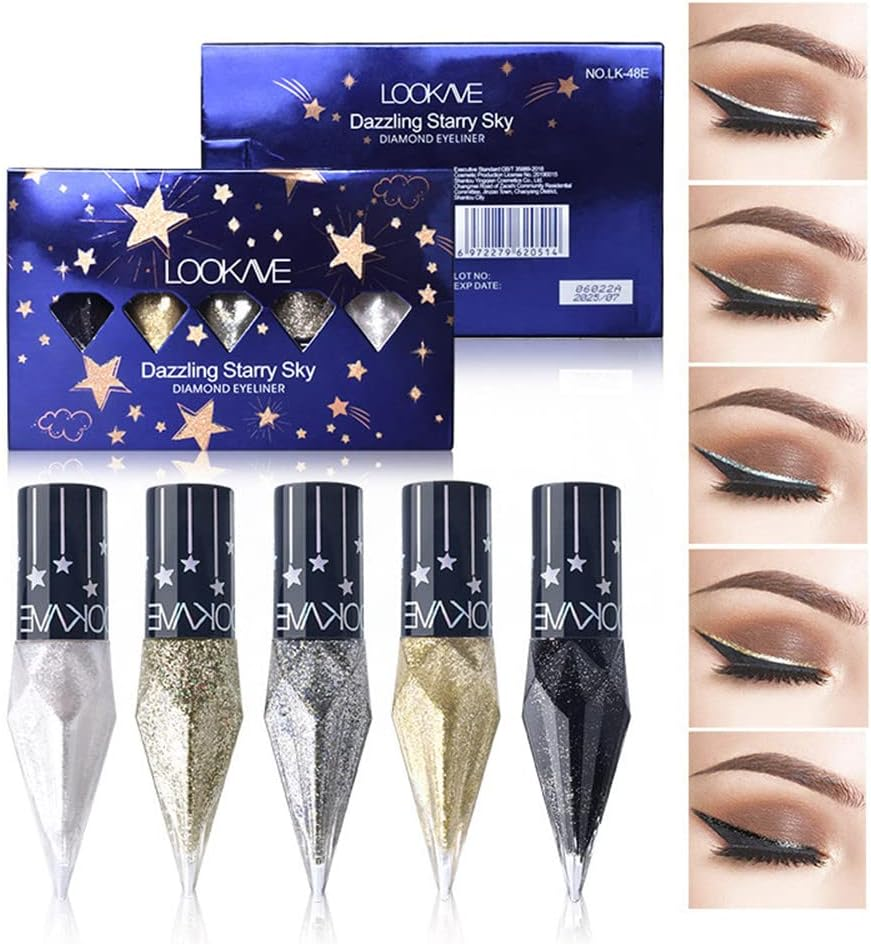 Go Ho Glitter Liquid Eyeliner Colorful Set,5 Colors Metallic Shimmer White Black Silver Gold Diamond Eyeliner,Glitter Eye Liner Sticks,Waterproof Long Lasting Sparkle Eye Makeup
