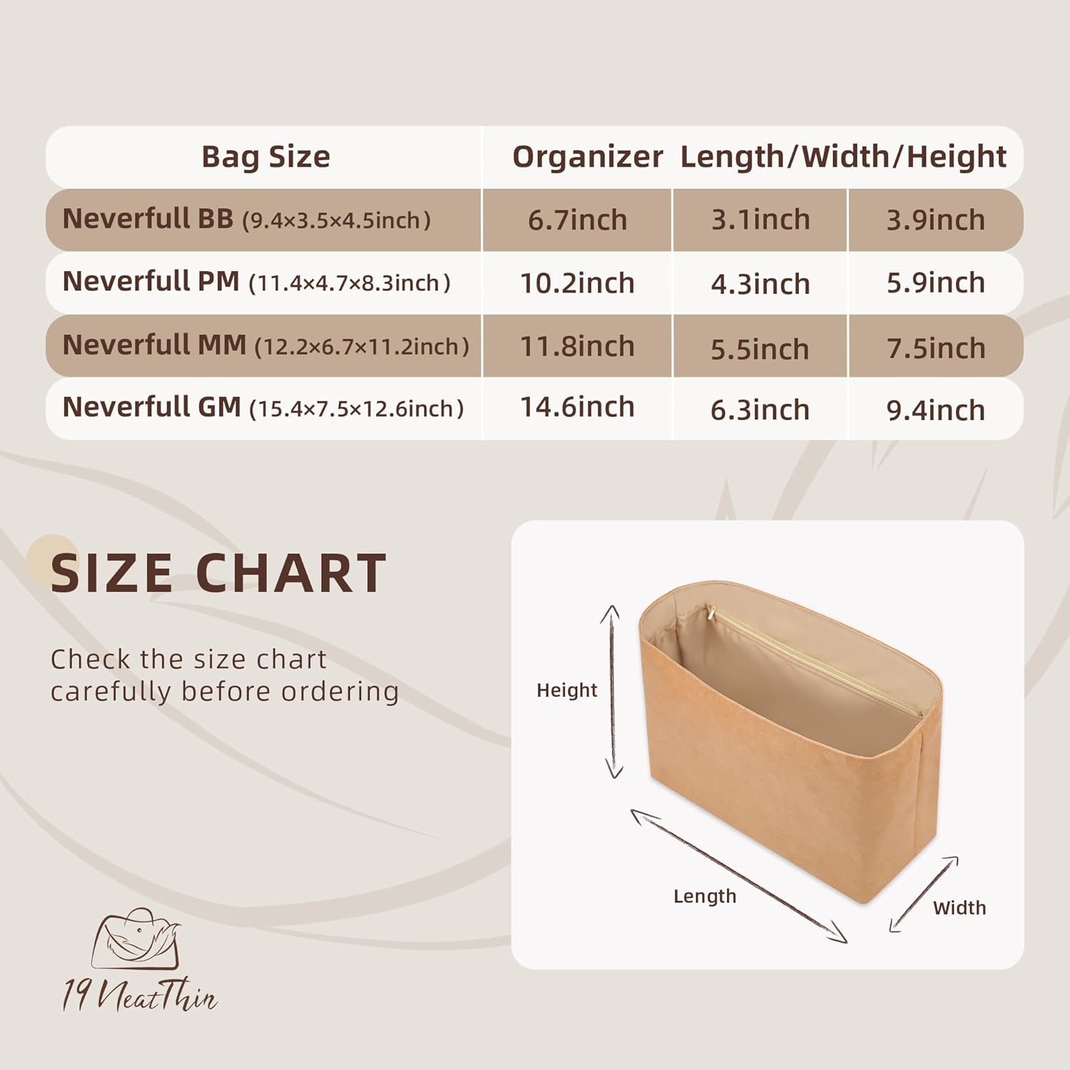 19 Neatthin Tote Bag Organiser Insert, Lightweight Insert Compatible with LV Neverfull MM, Waterproof Dupontpaper Surface and Silky Satin Lining(Chai,Mm) image number 5