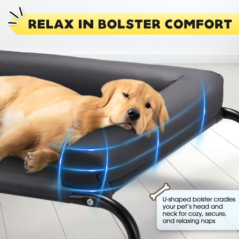 Petzly Cooling Elevated Dog Bed with Pillows, Raised Pet Bed for Large Extra Large Medium Dogs, Portable Washable Dog Cot with No-Slip Rubber Feet, Indoor & Outdoor Use, Black, Xlarge(123X90X20Cm)