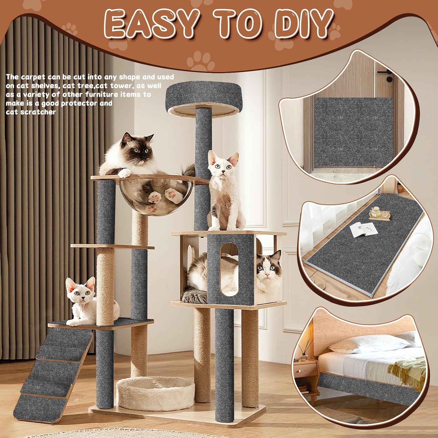 Scratch Protection Sofa, Self-Adhesive Scratch Mat for Cats, Beds, Blankets & Furniture, DIY Scratch Board, Antiscratch Tape for Carpets, Cat Stand, Wooden Handle, Cat Tower (30 X 100 Cm) image number 5