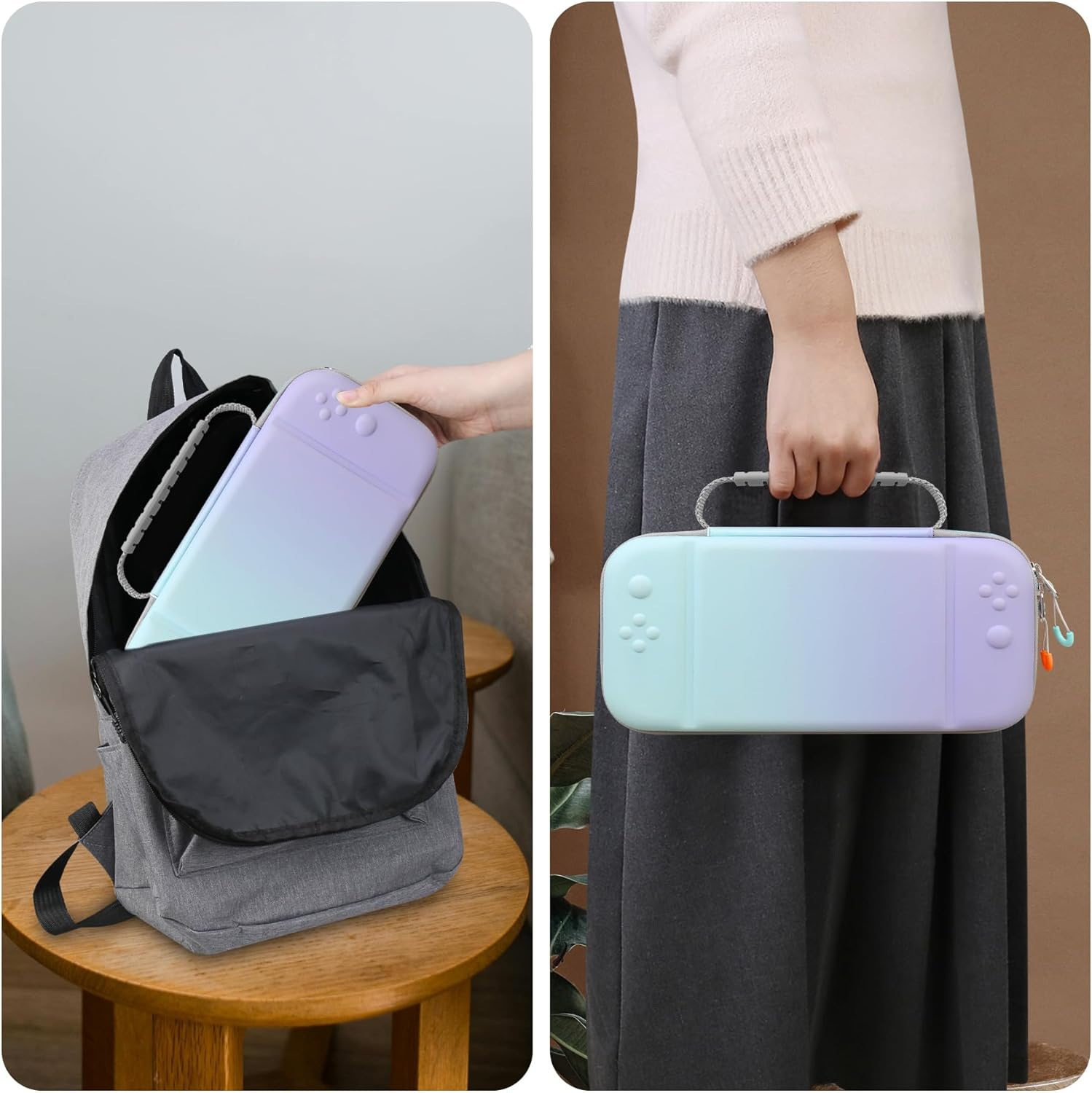 RAIALL Carrying Case for Nintendo Switch 2 (2025), Large Capacity Protective Hard Shell Portable Travel Case Pouch, with 24 Game Card Slots and Pockets for Console &Accessories, Purple-Blue-Gradient - Pink-Green-Gradient image number 6