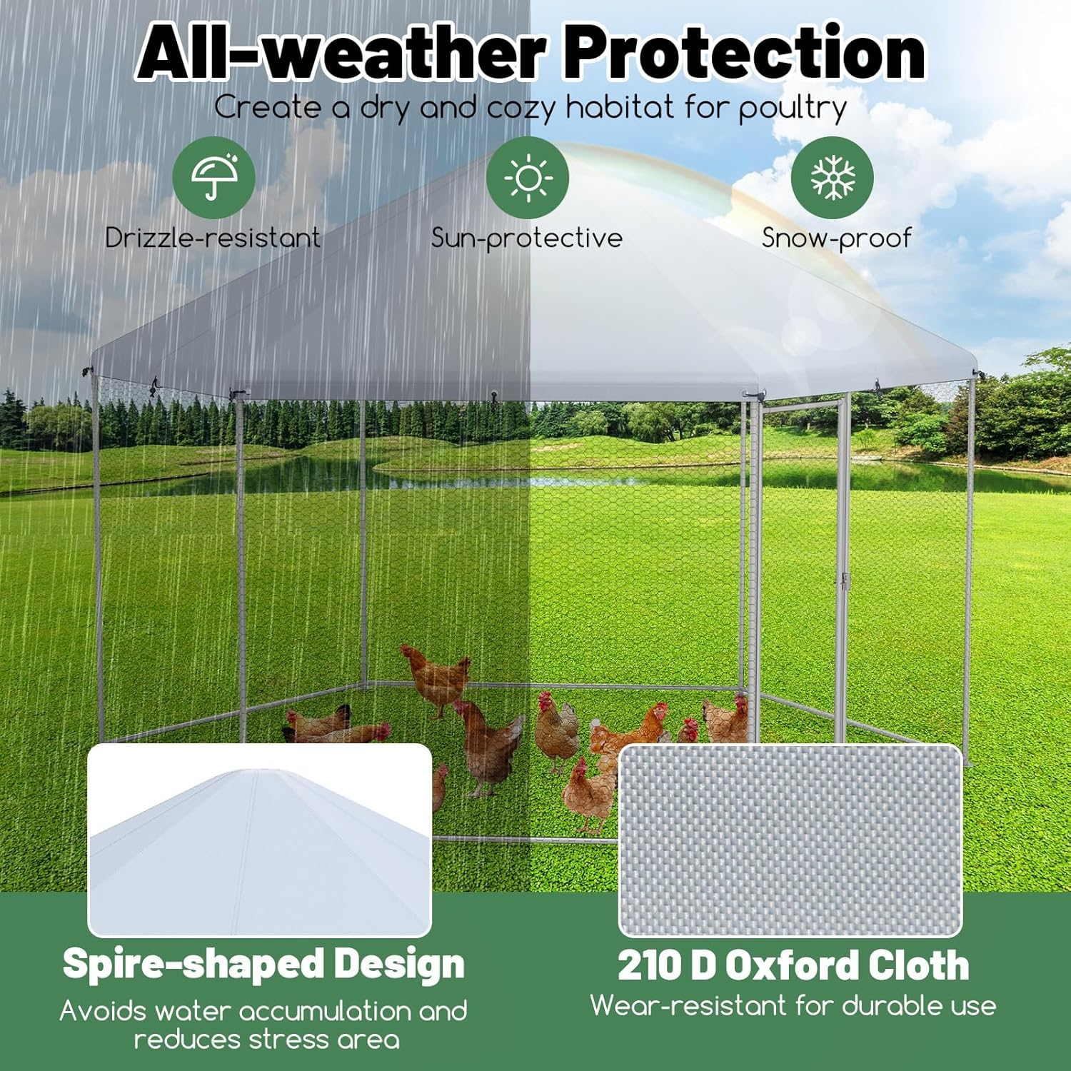 Costway Metal Chicken Coop, Chicken Run House Spire-Shaped Cage W/Wire Mesh & Lockable Door for Duck, Goose, Rabbit, Walk-In Poultry Cage W/Waterproof Cover for Backyard, Farm image number 5