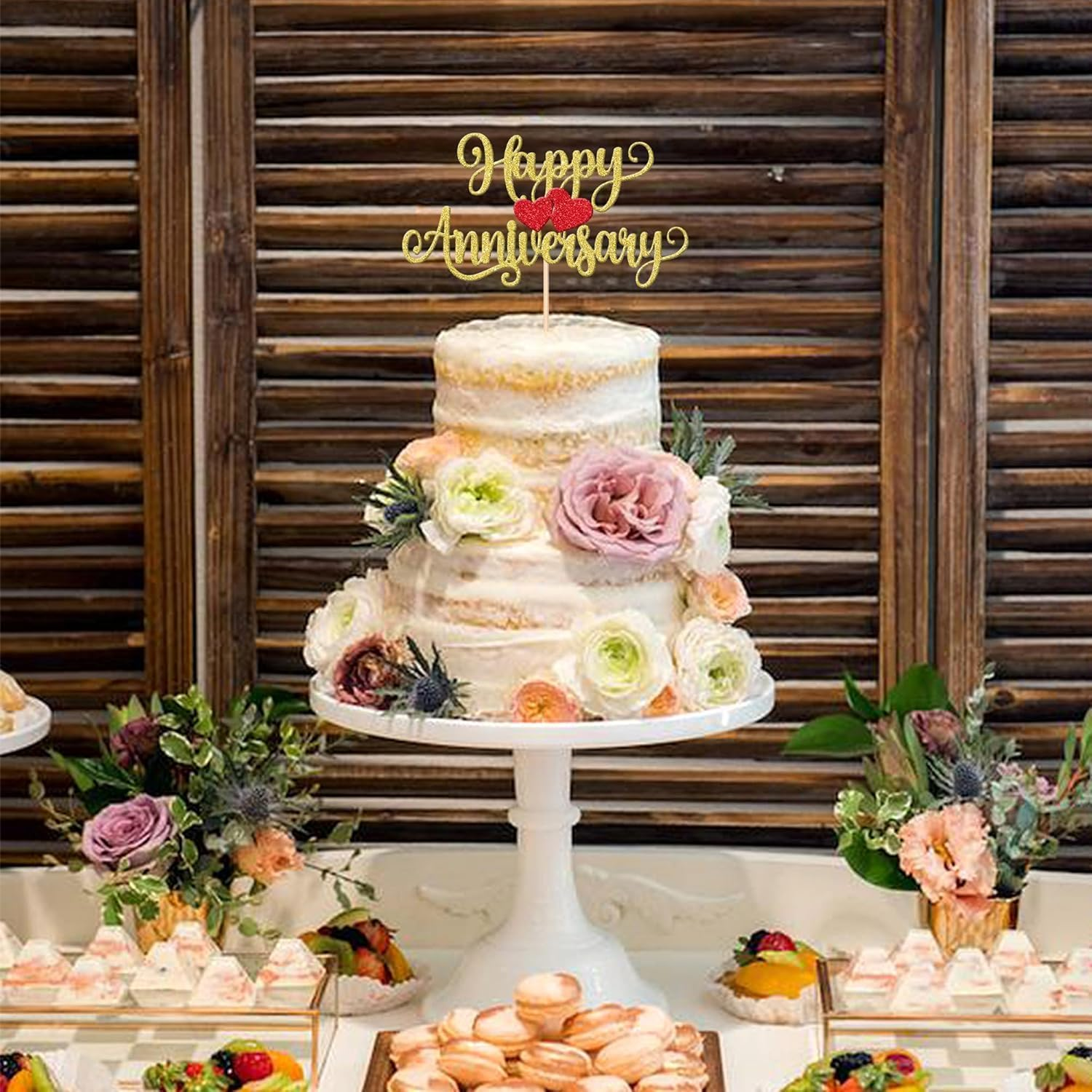 SYKYCTCY 1 Pack Happy Anniversary Cake Topper Glitter Heart Wedding Anniversary Cake Pick Wedding Anniversary Cake Decorations Kids Birthday Party Cake Decorations Supplies (Gold) - Gold image number 2