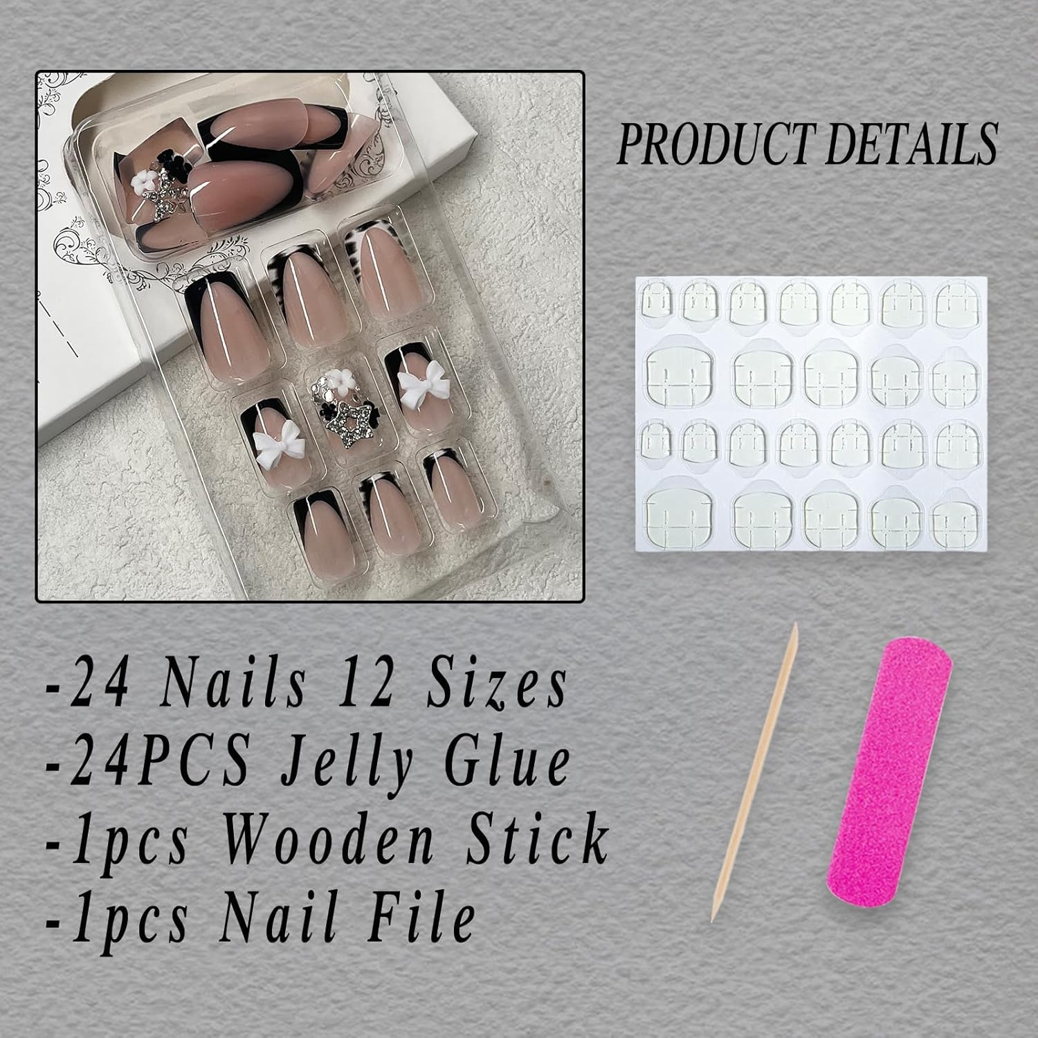 French Lace Press on Nails - Short Squares, False Nails with Bows, Designs, Black, White, Zebra Print, Flowers, Silver Stars, Nail Rhinestones, Pack of 24 image number 1