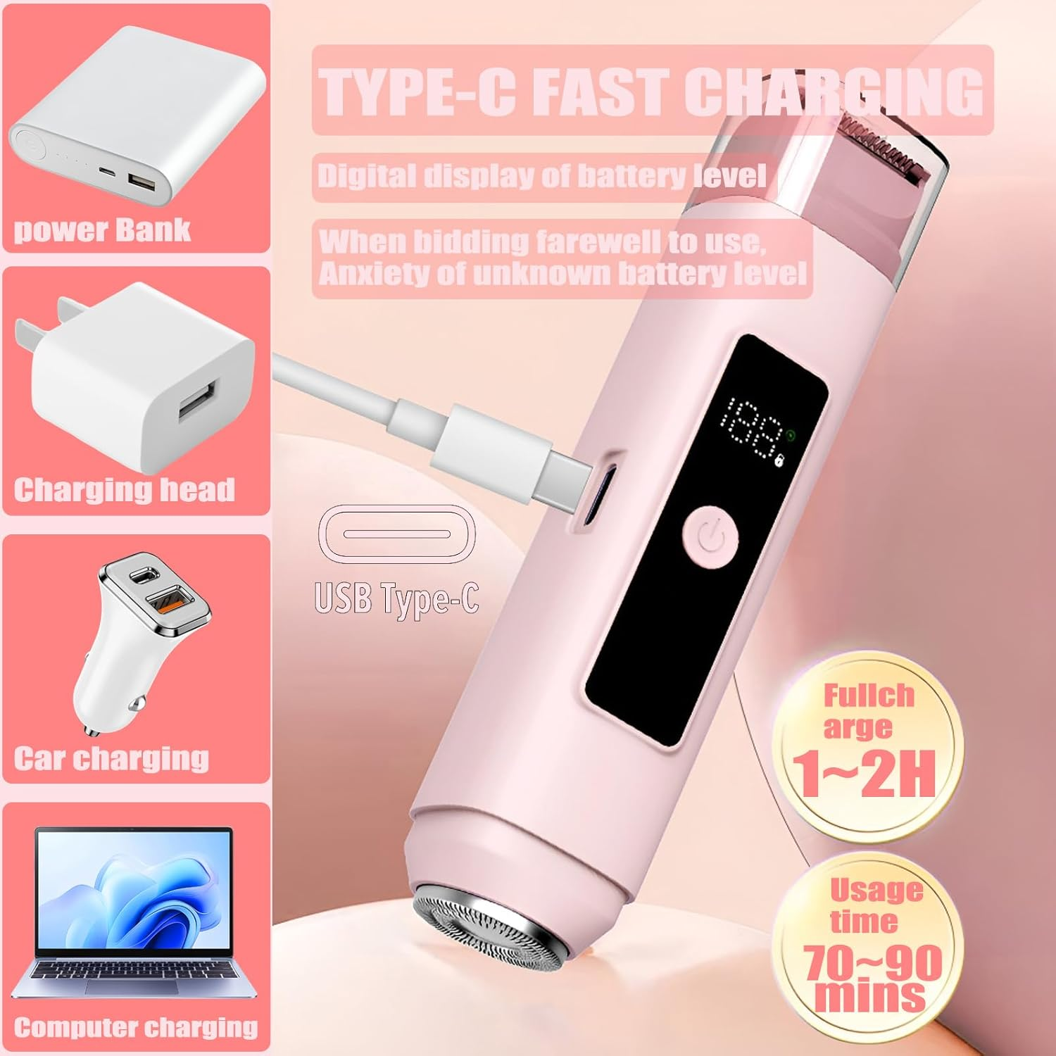 2 In1 Bikini Trimmer for Women Dual Head Electric Shaver Women USB Cordless Epilator Hair Removal for Women Waterproof Dry and Wet Use Lady Shaver Suitable for Body,Face,Armpits,Legs,Arm,Bikini(Pink) image number 4