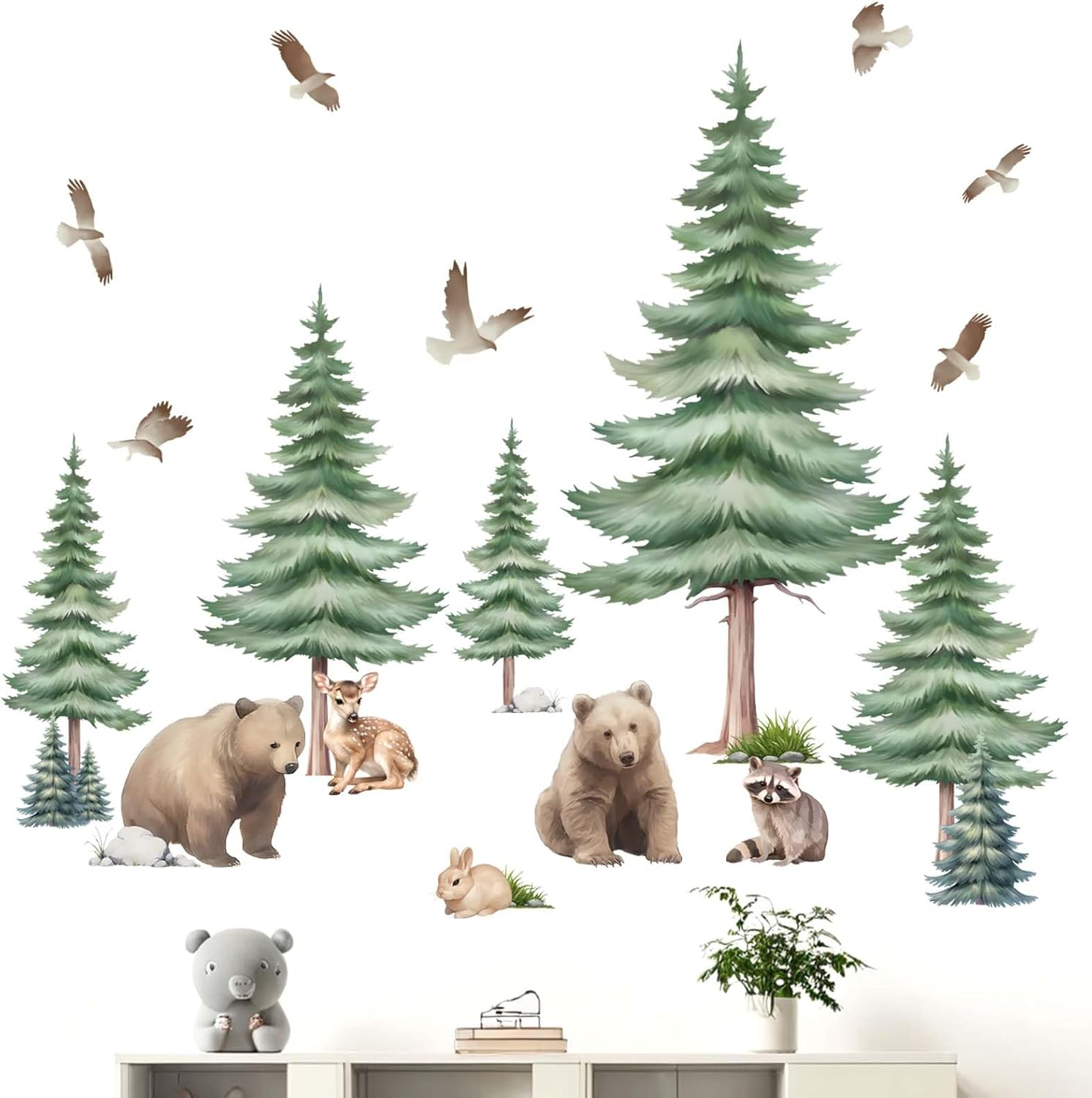 Large Pine Tree Wall Decals - Woodland Animal Bear Wall Stickers - Girls Bedroom Baby Nursery Kids Room Wall Decor image number 1