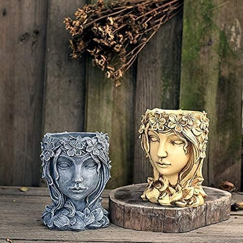 YANMILIA Head Planter Face Flower Pot Goddess Statue Planter Decorative Girl Portrait Planter Indoor Outdoor Girl Face Flower Vase Container Planter (Gray) image number 1