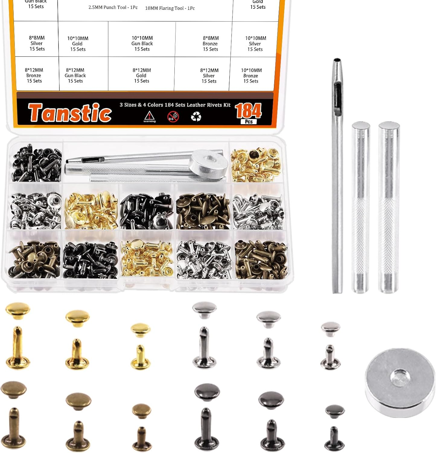 Tanstic 365Pcs Leather Rivets Kit, 3 Sizes 4 Colors Double Cap Rivets Flat Tubular Metal Studs with Rubber Hammer and Setting Tool Kit for Leather Craft Repair Decoration(Silver/Gun Black/Bronze/Gold)
