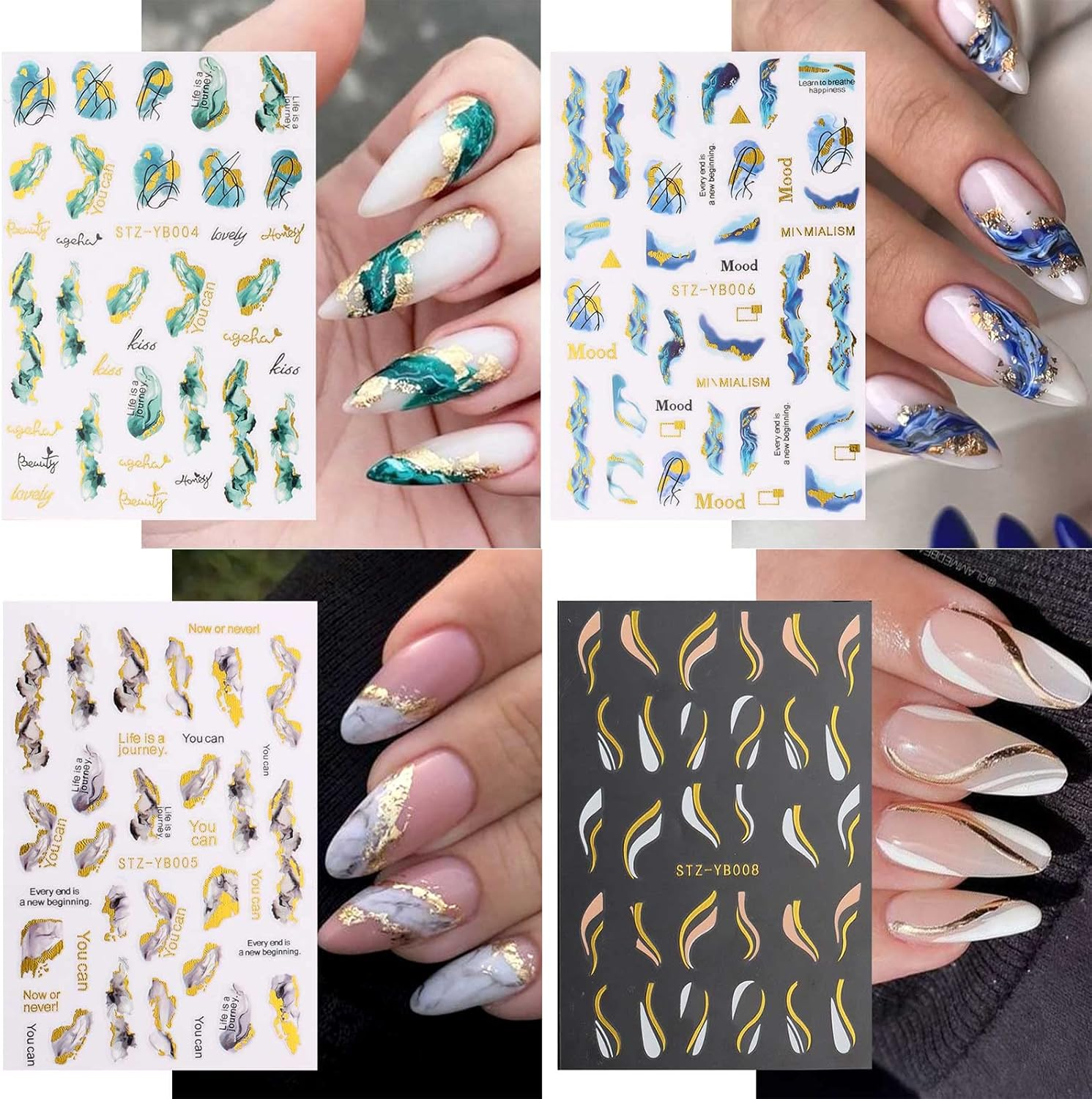 12 Sheets Marble French Nail Art Stickers Decals Self-Adhesive Pegatinas U&ntilde;as Blue Line Pattern Nail Supplies Nail Art Design Decoration Accessories