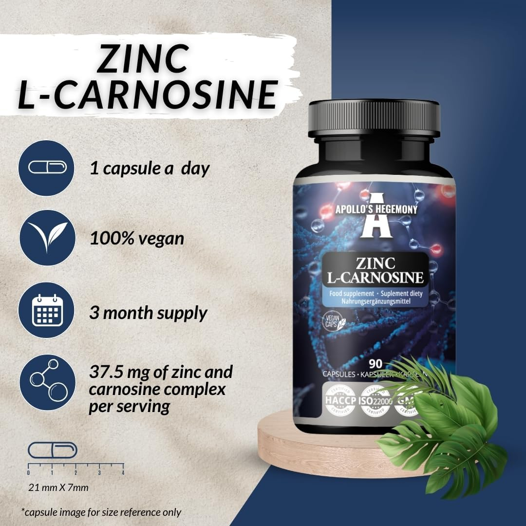 Zinc L-Carnosine 37.5 Mg per Capsule - 90 Vegan Capsules - 3 Months Supply - for Skin, Hair & Nail Health - Supplement by Apollo'S Hegemony image number 2