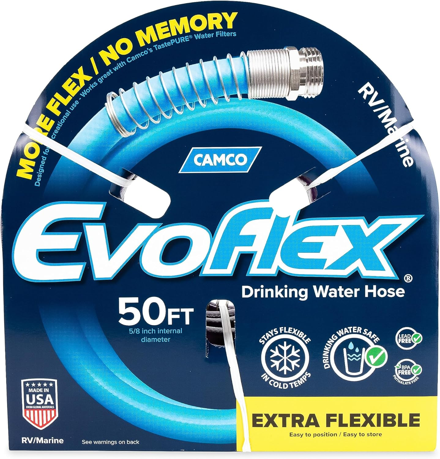 Camco Evoflex 50-Ft Water Hose - RV Drinking Water Hose Contains No Lead, No BPA & No Phthalate - Flexible Design W/Stainless Steel Strain Relief Ends - 5/8&rdquo; inside Diameter, Purple (22586)