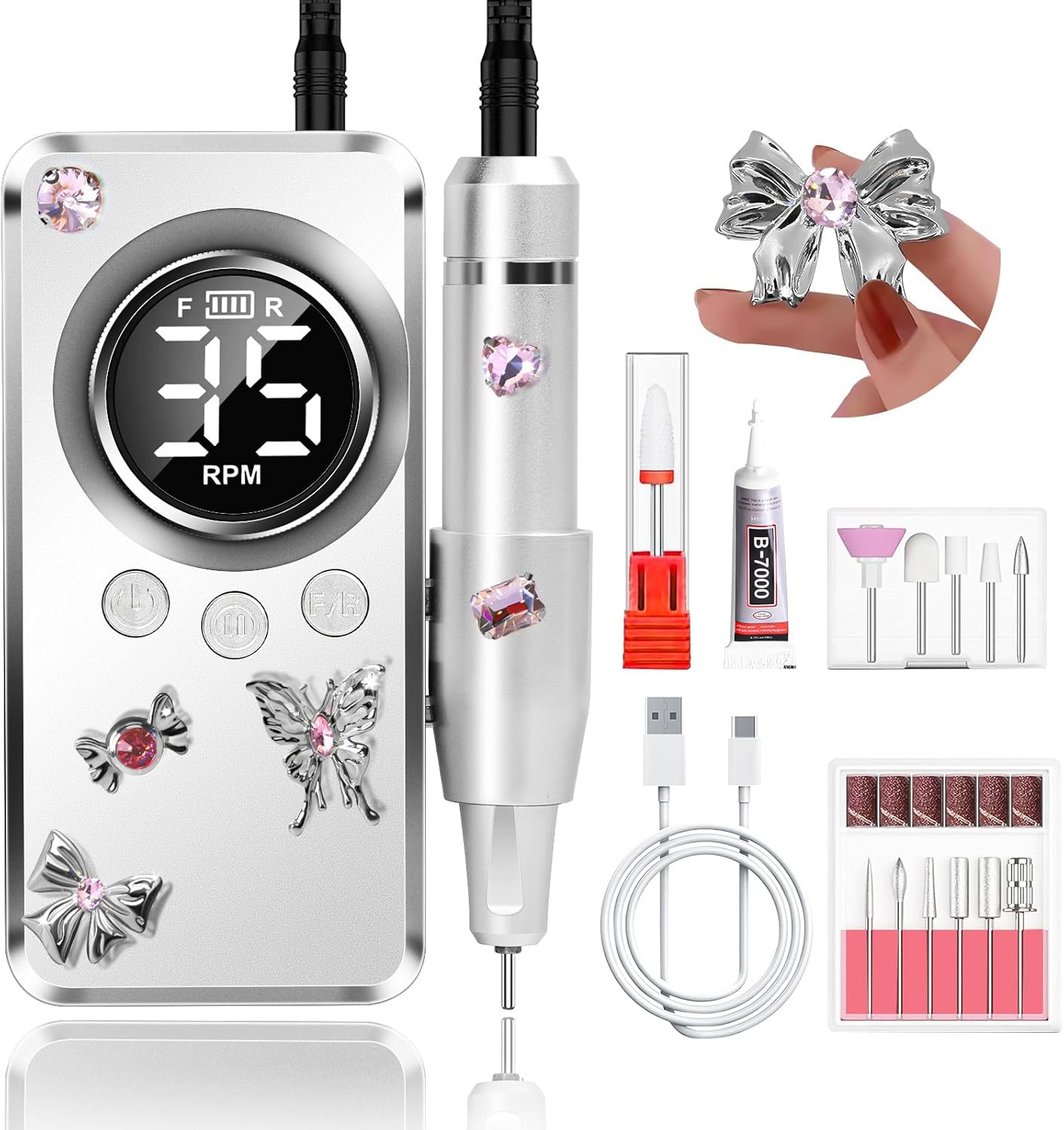 Welan Electric Nail Drill, Cordless Nail Drill Professional Machine, 35000 RPM Electric Nail Efile for Acrylic & Gel Removal, Rechargeable Portable Manicure Pedicure Tool with 12 Bits and Decorations image number 6
