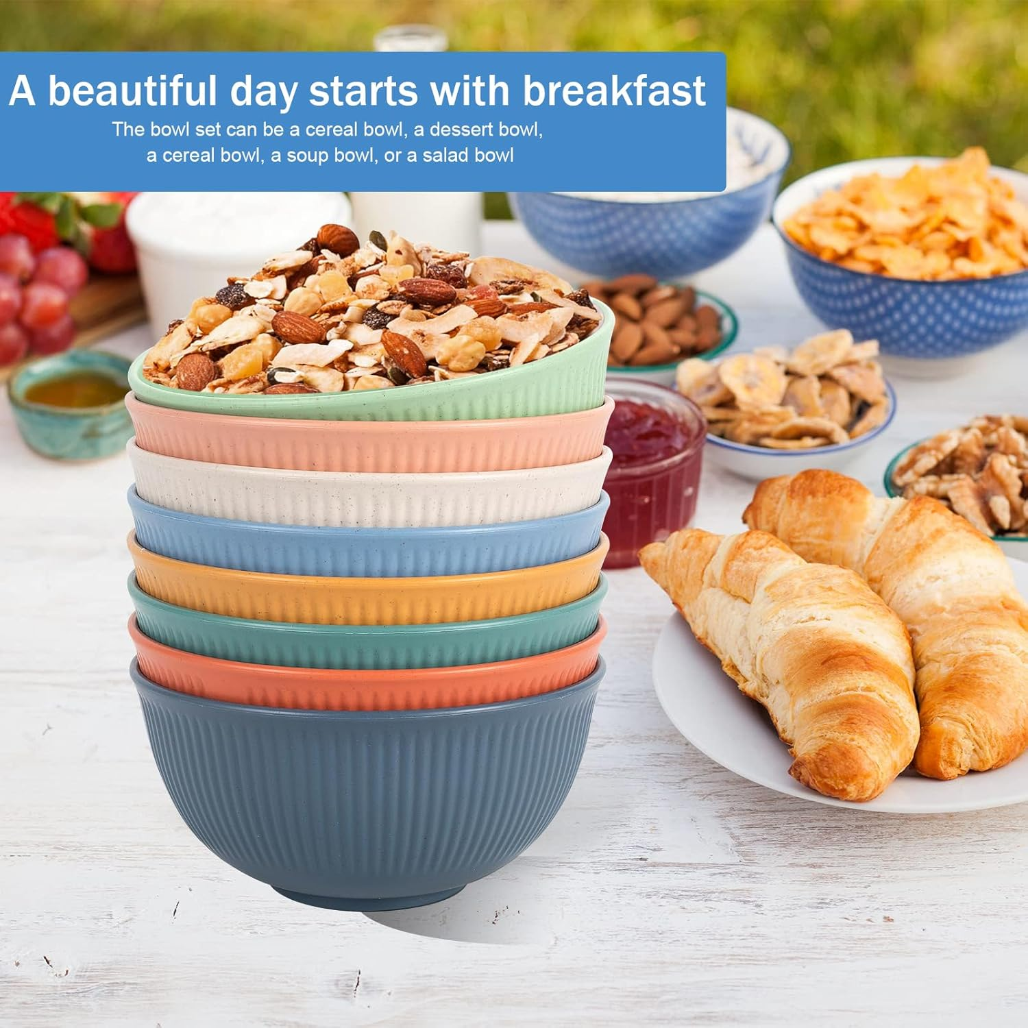 DXQCHDUO Unbreakable Bowls Set of 8,Lightweight Breakfast Cereal Bowls,Reusable and Sturdy Unbreakable Bowl for Soup,Colourful Salad Bowls,Dinner Bowl, Dessert Bowl Set for Bbq,Picnic image number 2