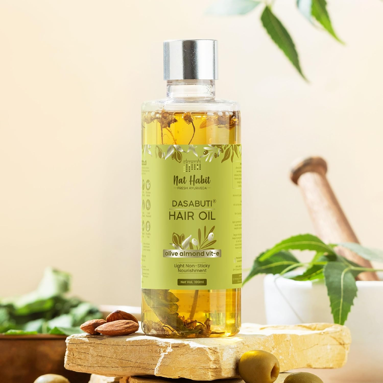 Nat Habit Olive Almond Summer Light Hair Oil with Vitamin E for Men & Women, All Hair & Scalp Types, No Paraffin, Mineral Oil, Preservatives & Chemicals, 100Ml image number 3