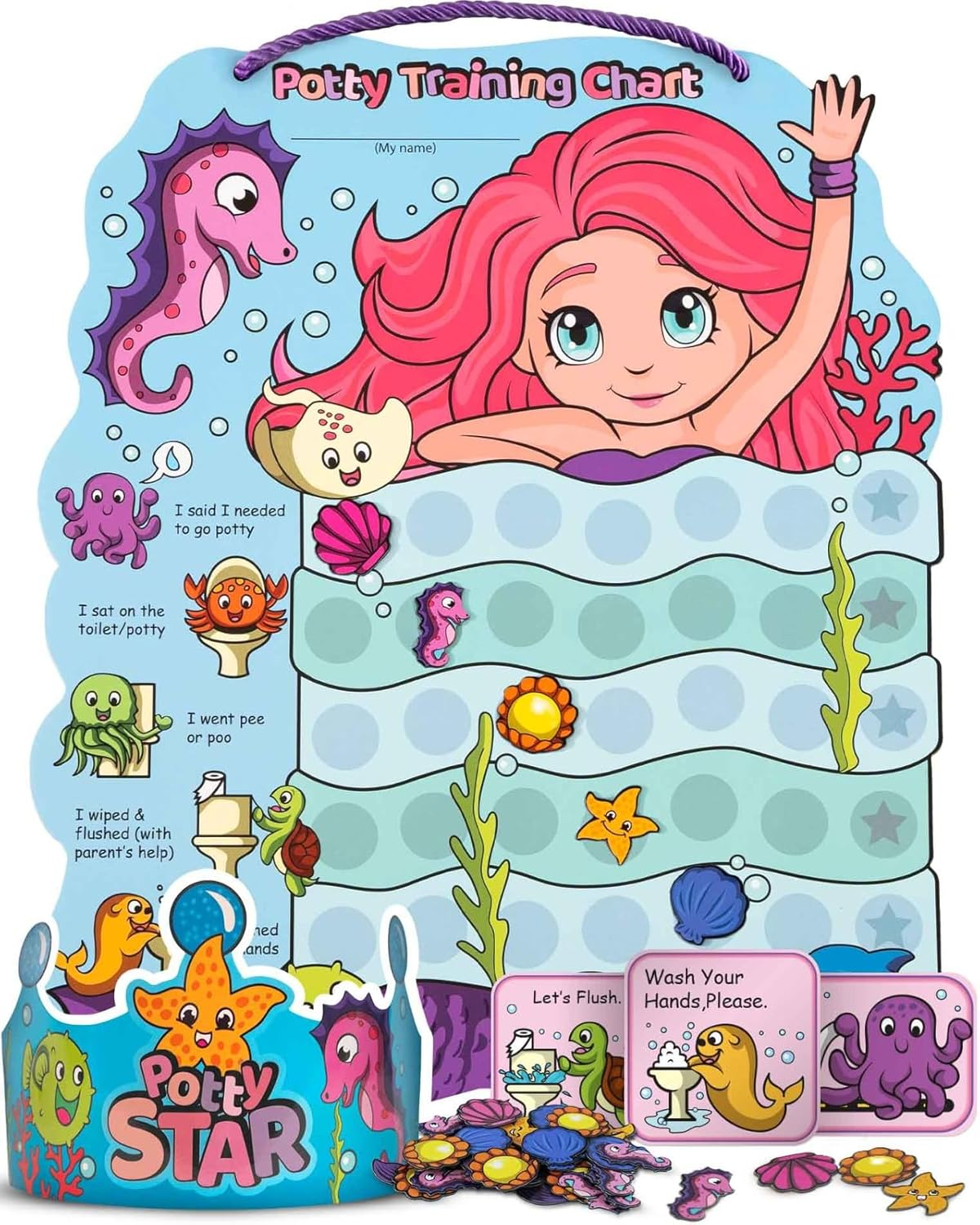 PUTSKA Potty Training Reward Chart for Girls with 35 Reusable Stickers &ndash; Potty Chart for Toddlers Girls - Reward Chart for Kids for Toilet Success - Mermaid image number 6